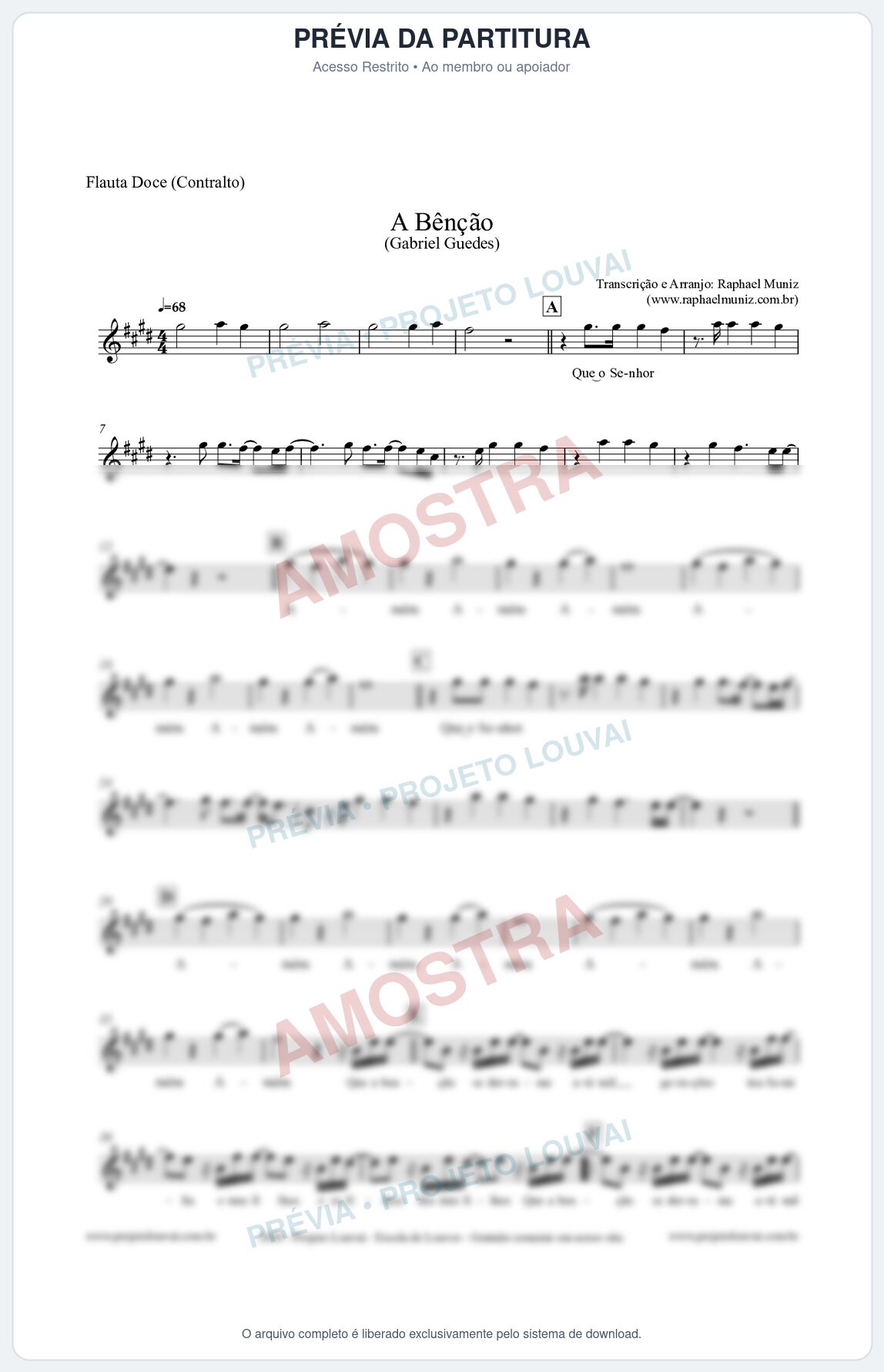 Prévia protegida da primeira página da partitura Partitura para Flauta Doce (Contralto) - A Bênção (Tom E) - Gabriel Guedes