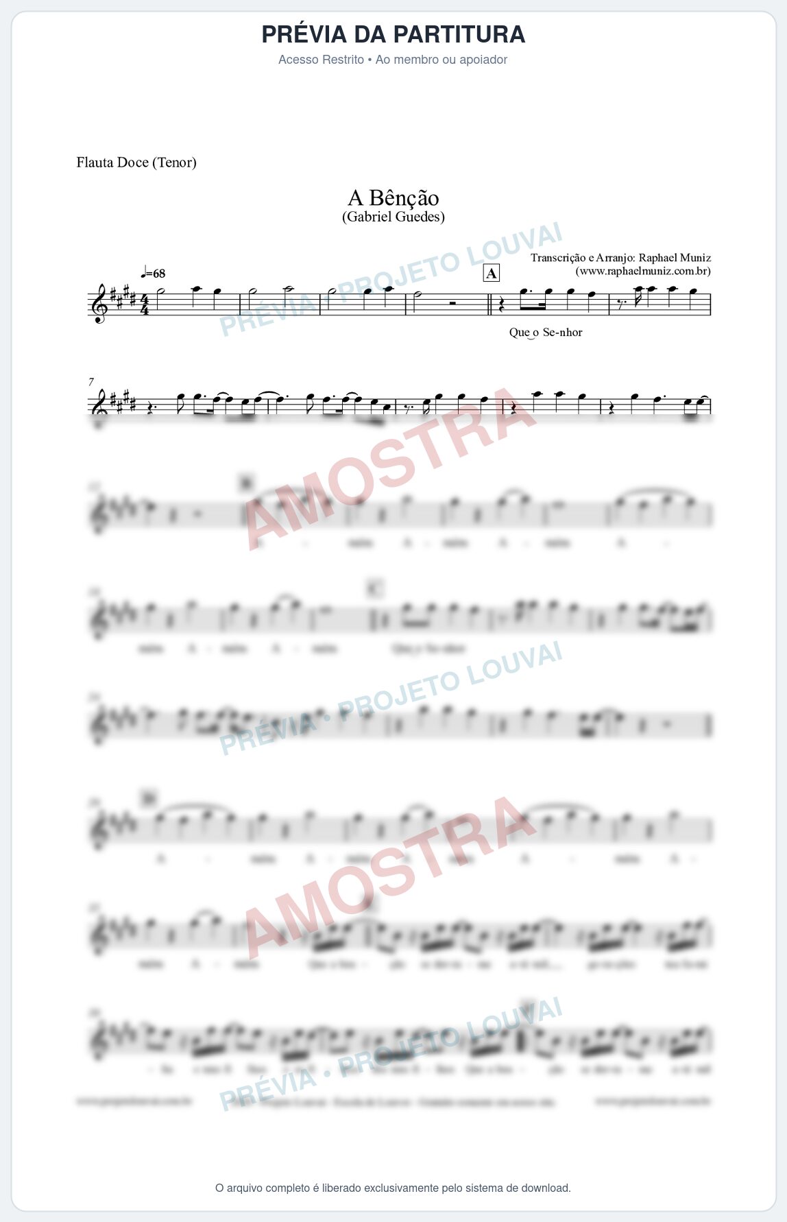 Prévia protegida da primeira página da partitura Partitura para Flauta Doce (Tenor) - A Bênção (Tom E) - Gabriel Guedes