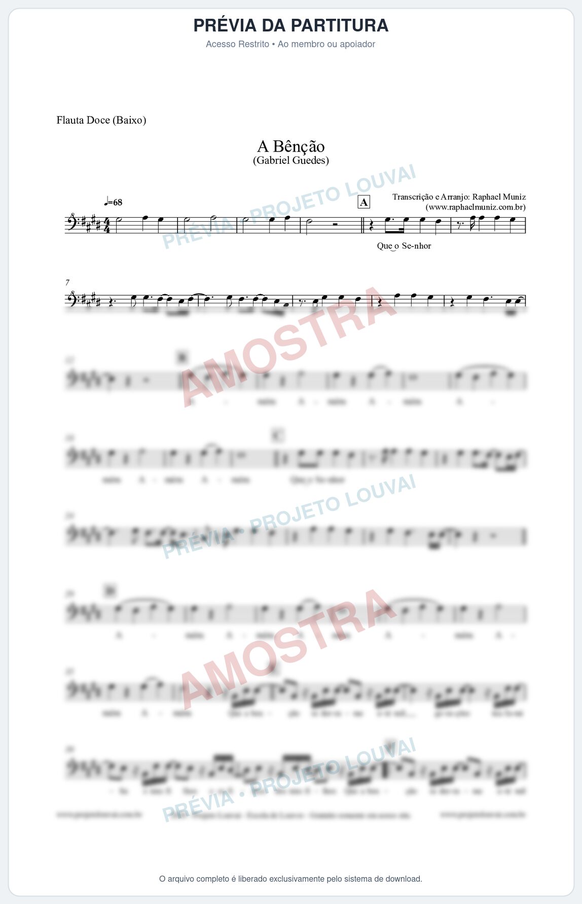 Prévia protegida da primeira página da partitura Partitura para Flauta Doce (Baixo) - A Bênção (Tom E) - Gabriel Guedes