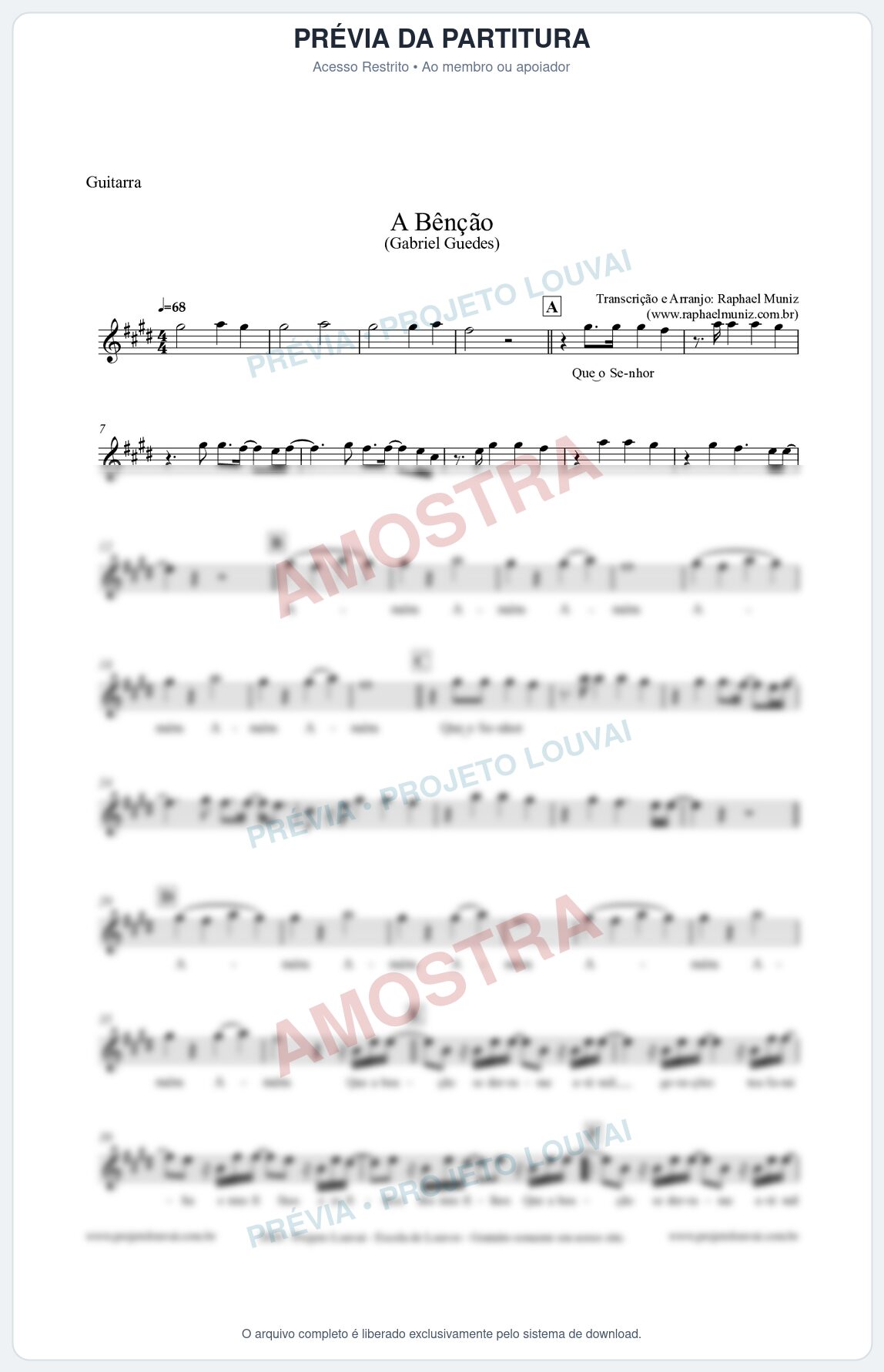 Prévia protegida da primeira página da partitura Partitura para Guitarra - A Bênção (Tom E) - Gabriel Guedes