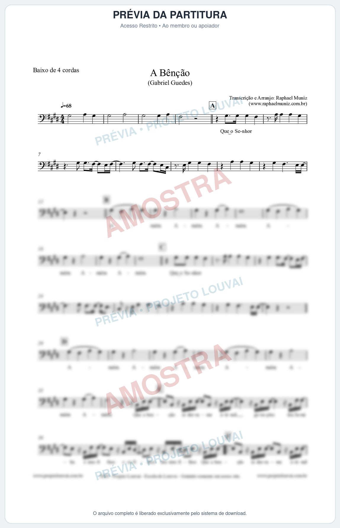 Prévia protegida da primeira página da partitura Partitura para Baixo de 4 cordas - A Bênção (Tom E) - Gabriel Guedes