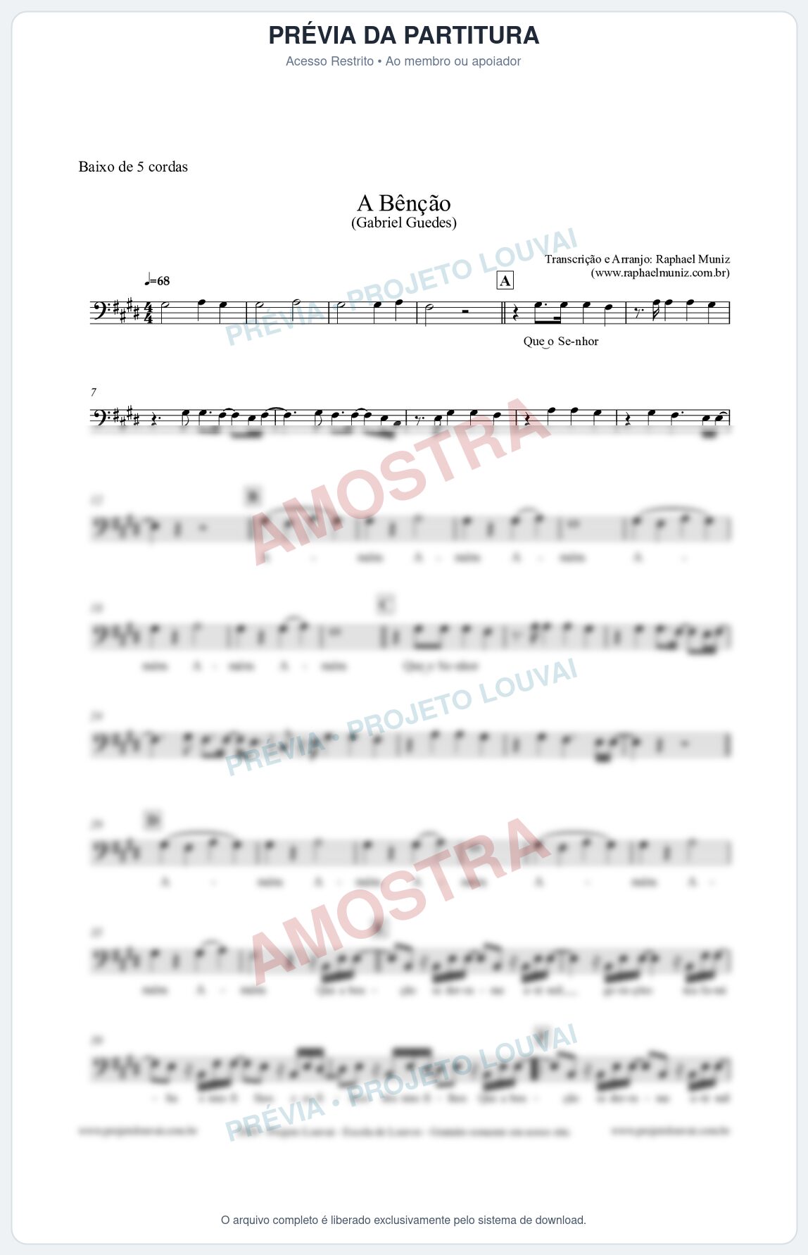 Prévia protegida da primeira página da partitura Partitura para Baixo de 5 cordas - A Bênção (Tom E) - Gabriel Guedes