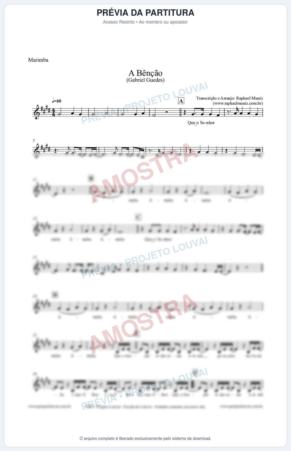 Prévia protegida da primeira página da partitura Partitura para Marimba - A Bênção (Tom E) - Gabriel Guedes