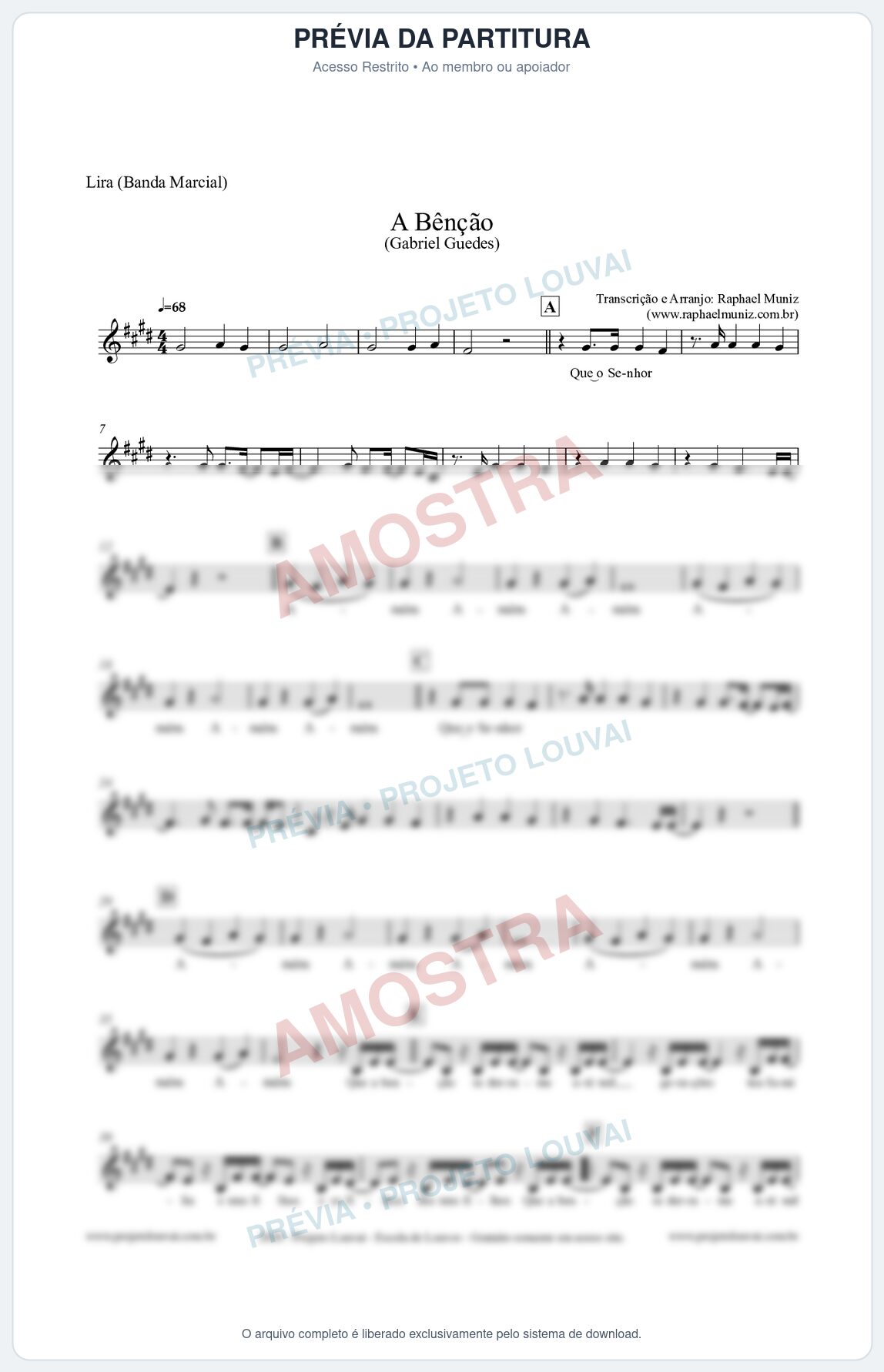 Prévia protegida da primeira página da partitura Partitura para Lira (Banda Marcial) - A Bênção (Tom E) - Gabriel Guedes