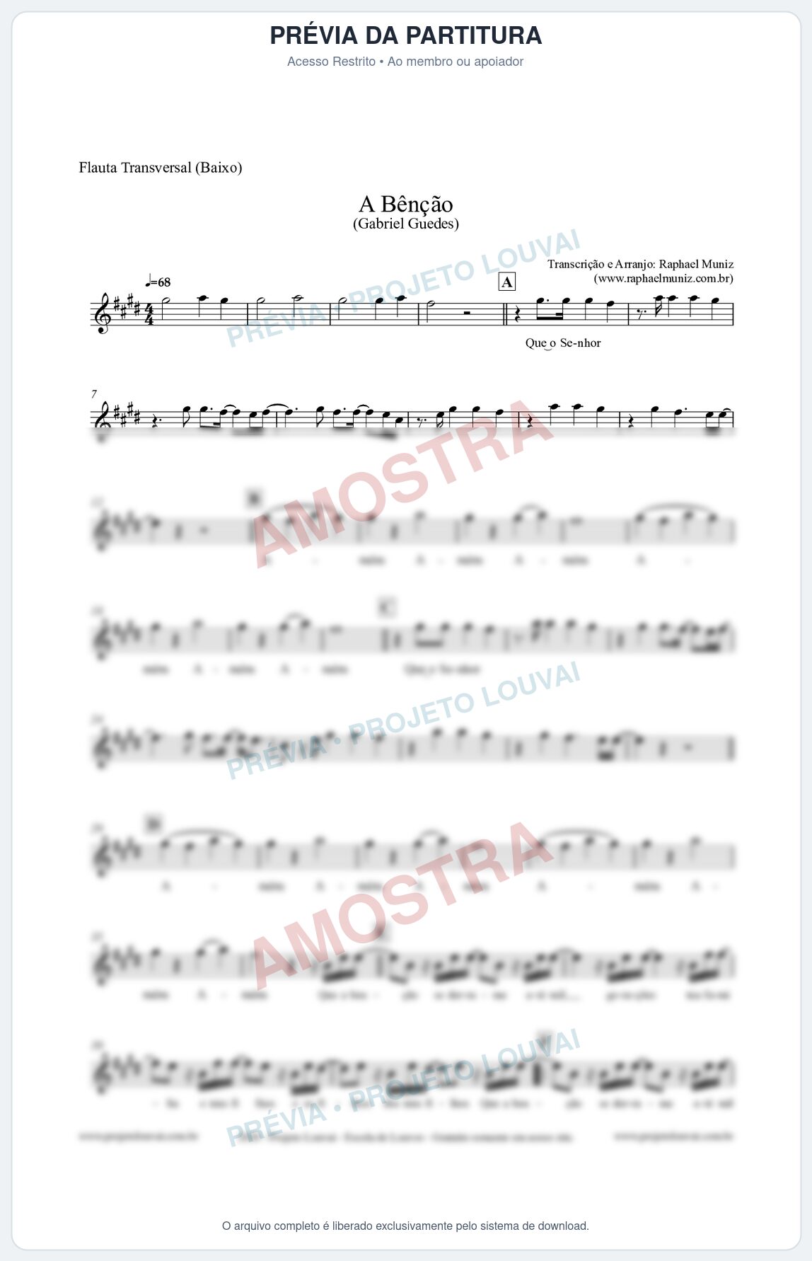 Prévia protegida da primeira página da partitura Partitura para Flauta Transversal (Baixo) - A Bênção (Tom E) - Gabriel Guedes