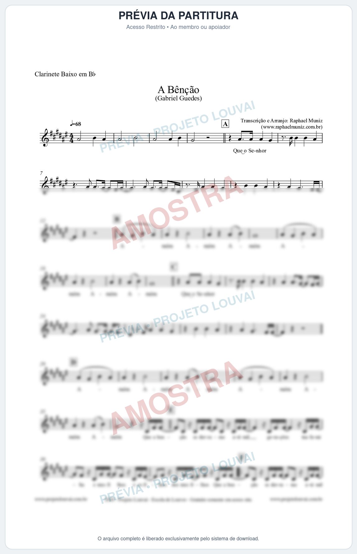 Prévia protegida da primeira página da partitura Partitura para Clarinete Baixo em Bb - A Bênção (Tom E) - Gabriel Guedes