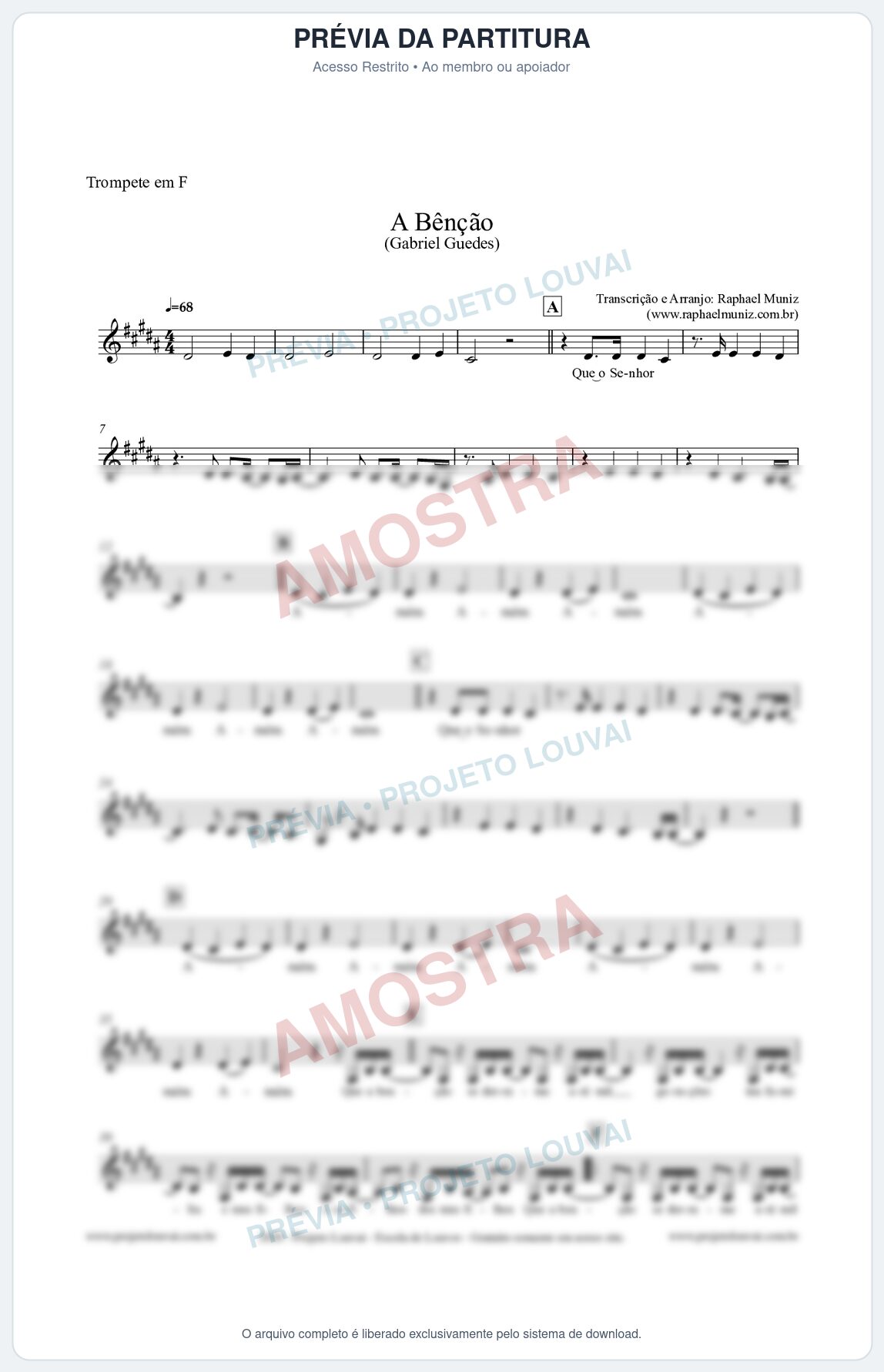 Prévia protegida da primeira página da partitura Partitura para Trompete em F - A Bênção (Tom E) - Gabriel Guedes