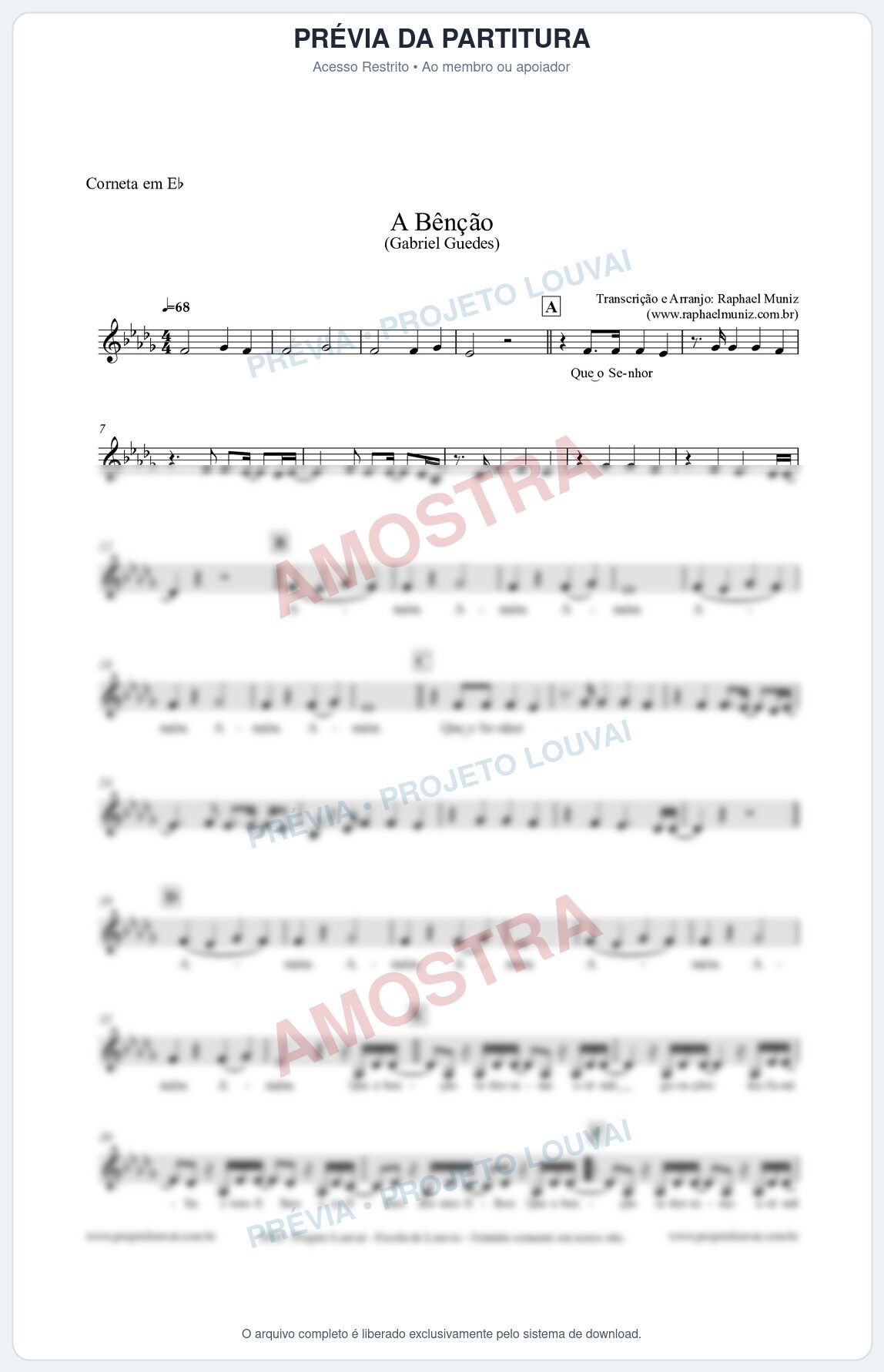 Prévia protegida da primeira página da partitura Partitura para Corneta em Eb - A Bênção (Tom E) - Gabriel Guedes