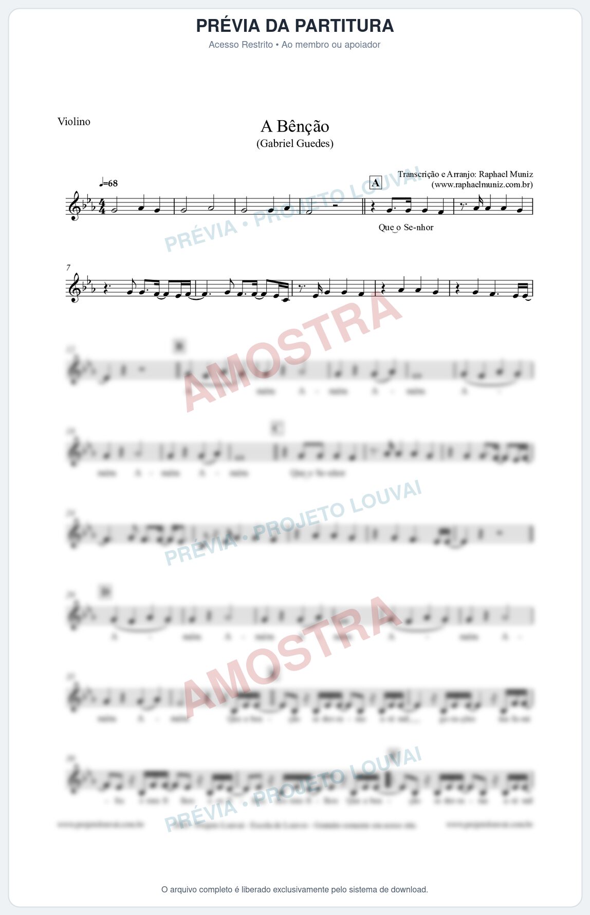 Prévia protegida da primeira página da partitura Partitura para Violino - A Bênção (Tom Eb) - Gabriel Guedes