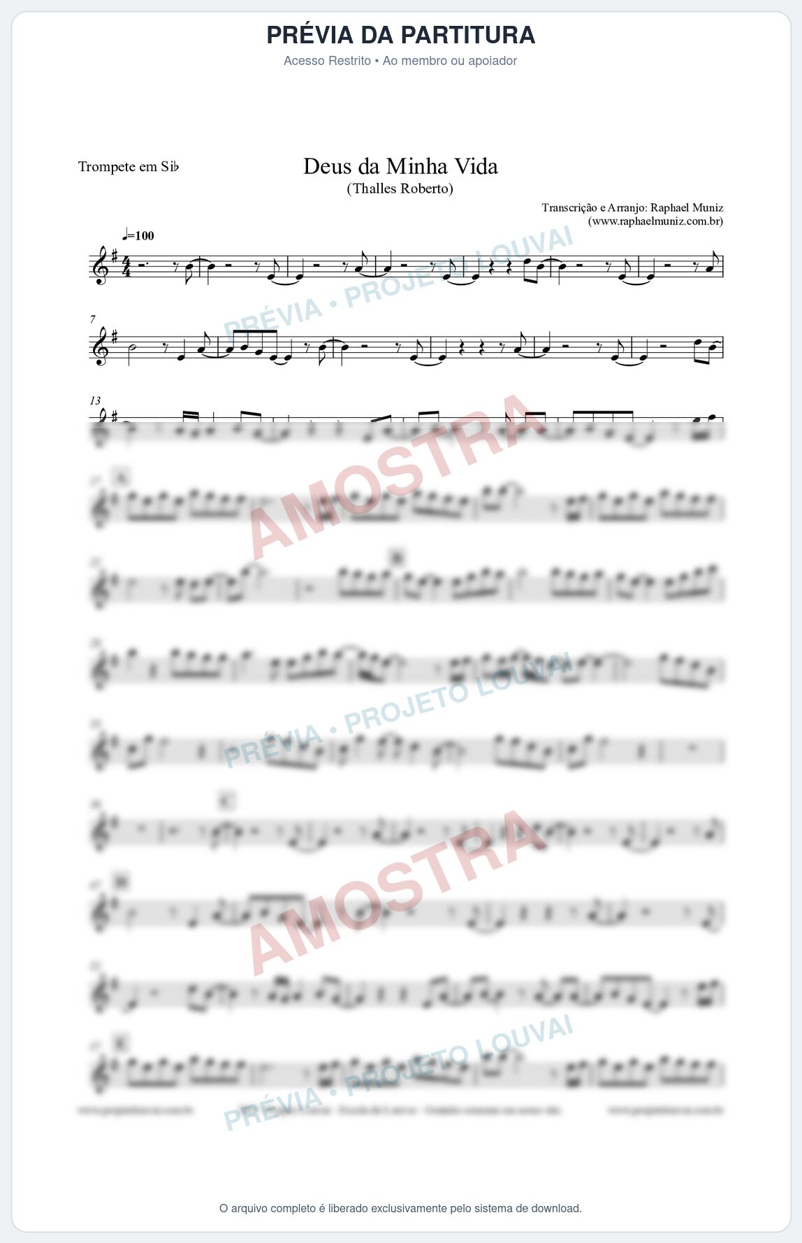 Prévia protegida da primeira página da partitura Partitura para Trompete - Deus da minha vida - Thalles Roberto