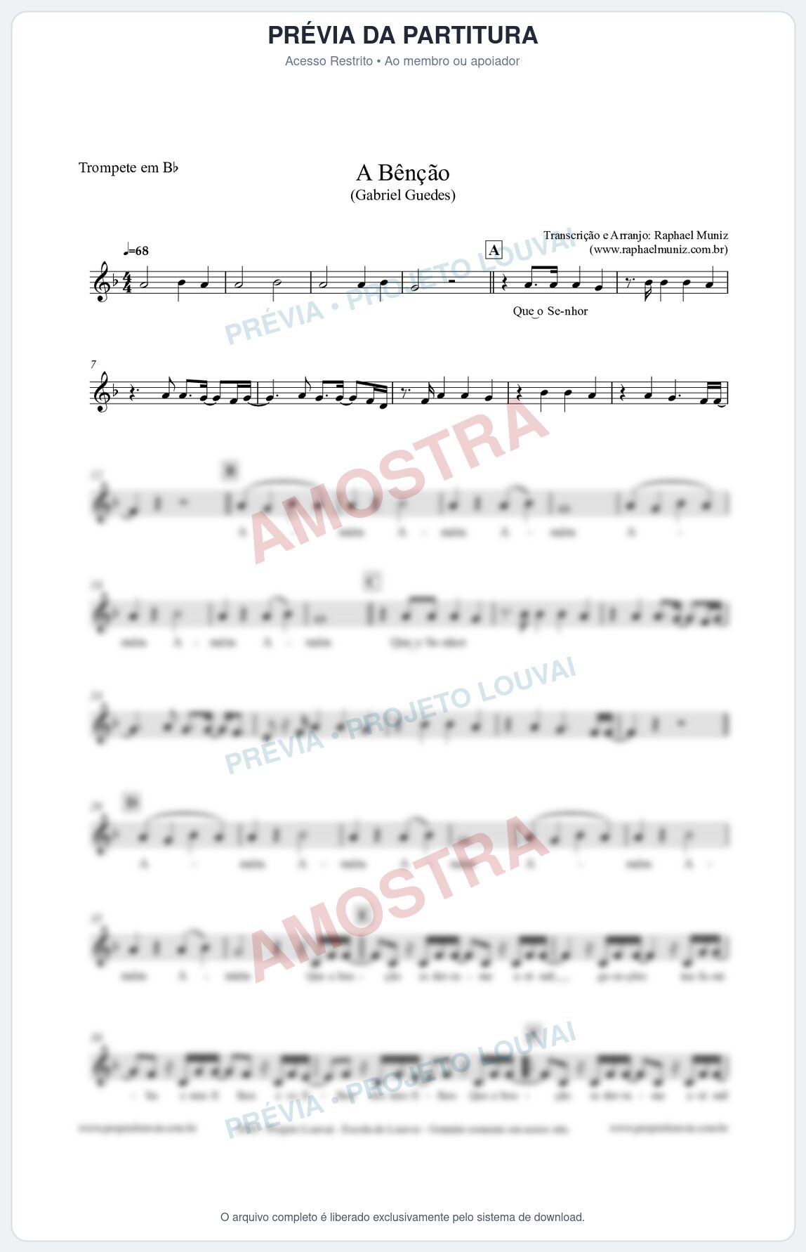 Prévia protegida da primeira página da partitura Partitura para Trompete em Bb - A Bênção (Tom Eb) - Gabriel Guedes