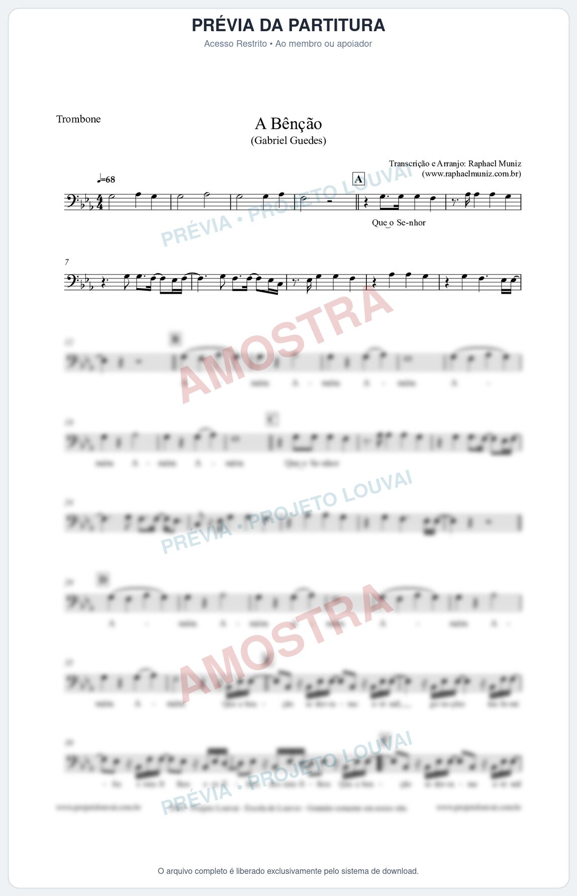 Prévia protegida da primeira página da partitura Partitura para Trombone - A Bênção (Tom Eb) - Gabriel Guedes