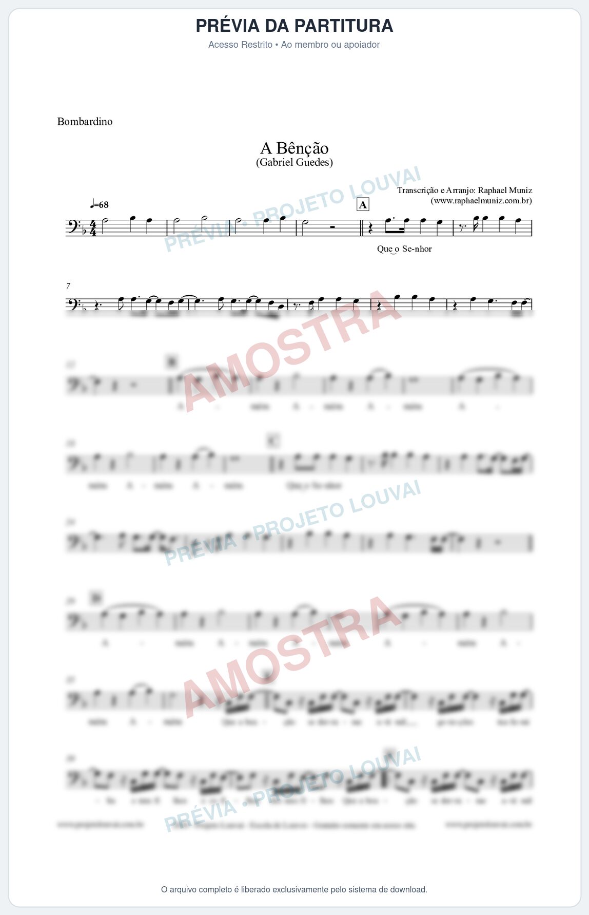 Prévia protegida da primeira página da partitura Partitura para Bombardino - A Bênção (Tom Eb) - Gabriel Guedes