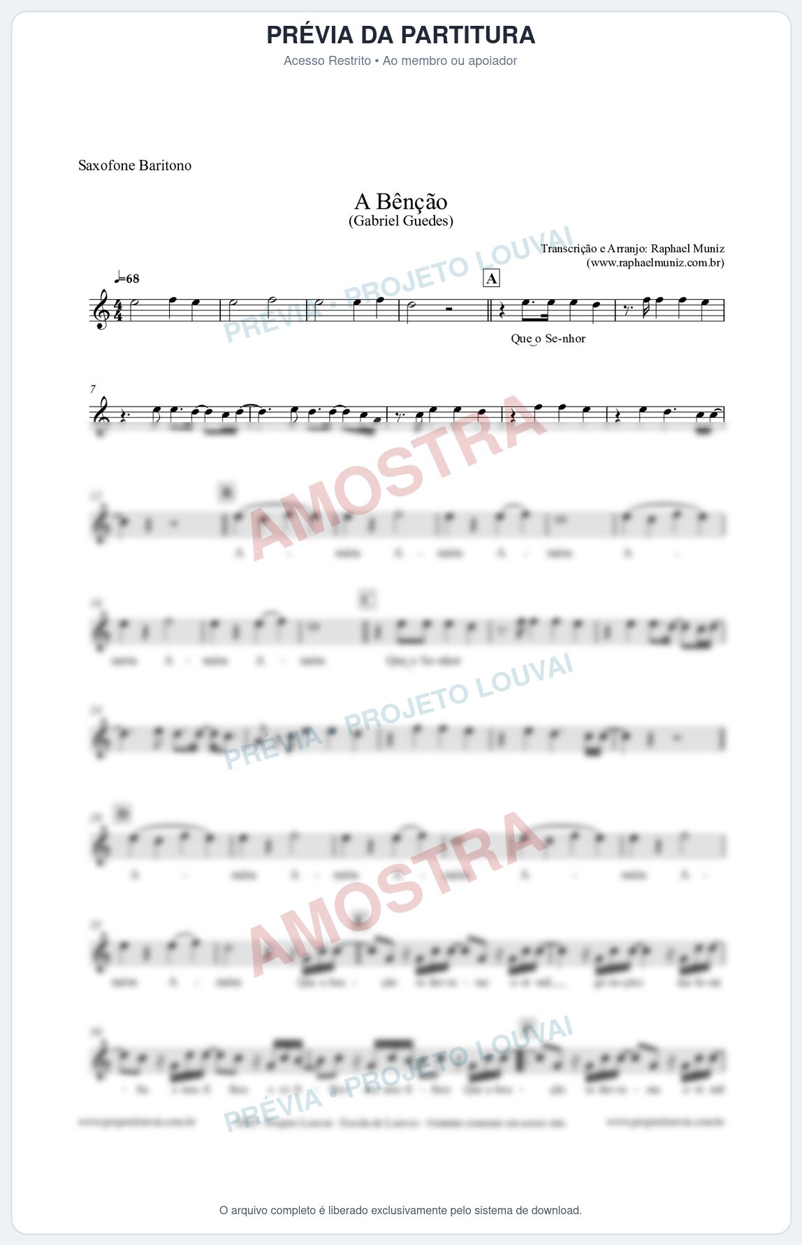Prévia protegida da primeira página da partitura Partitura para Saxofone Barítono - A Bênção (Tom Eb) - Gabriel Guedes