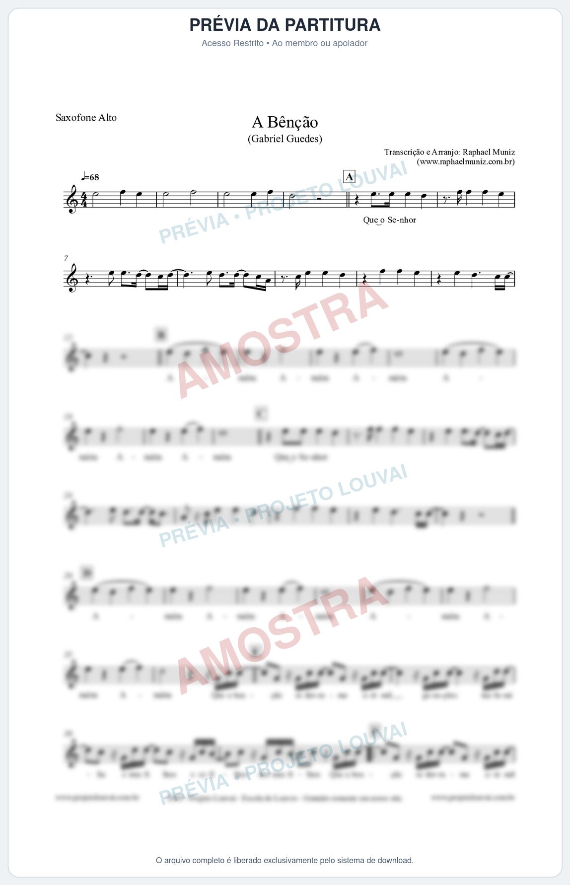 Prévia protegida da primeira página da partitura Partitura para Saxofone Alto - A Bênção (Tom Eb) - Gabriel Guedes
