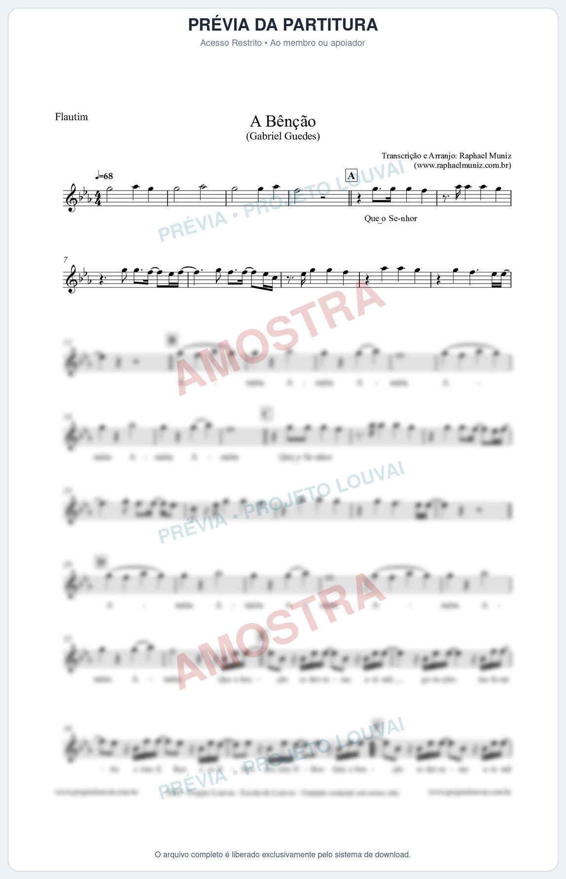 Prévia protegida da primeira página da partitura Partitura para Flautim - A Bênção (Tom Eb) - Gabriel Guedes
