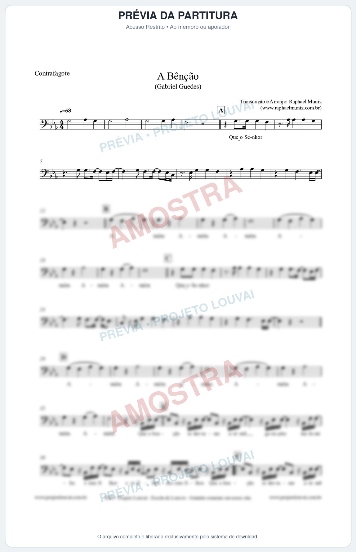 Prévia protegida da primeira página da partitura Partitura para Contrafagote - A Bênção (Tom Eb) - Gabriel Guedes