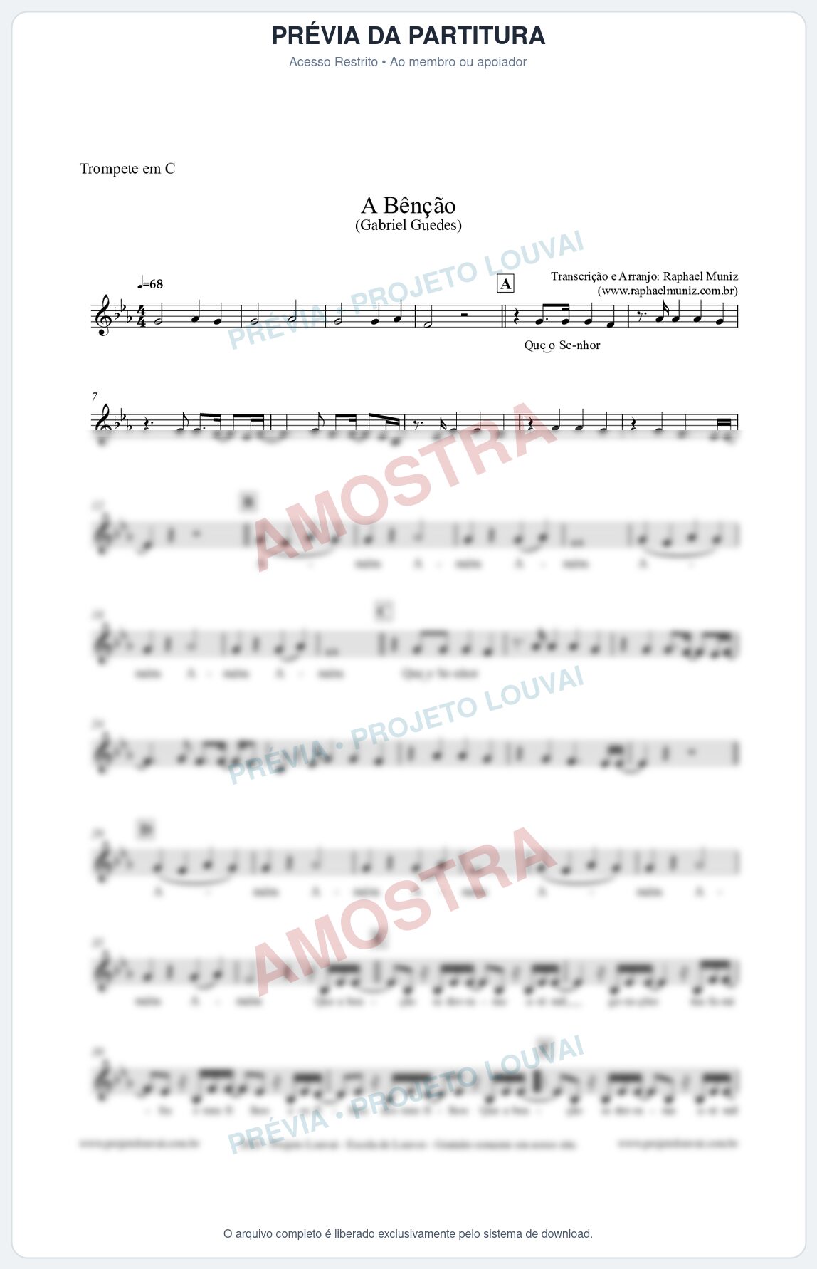 Prévia protegida da primeira página da partitura Partitura para Trompete em C - A Bênção (Tom Eb) - Gabriel Guedes