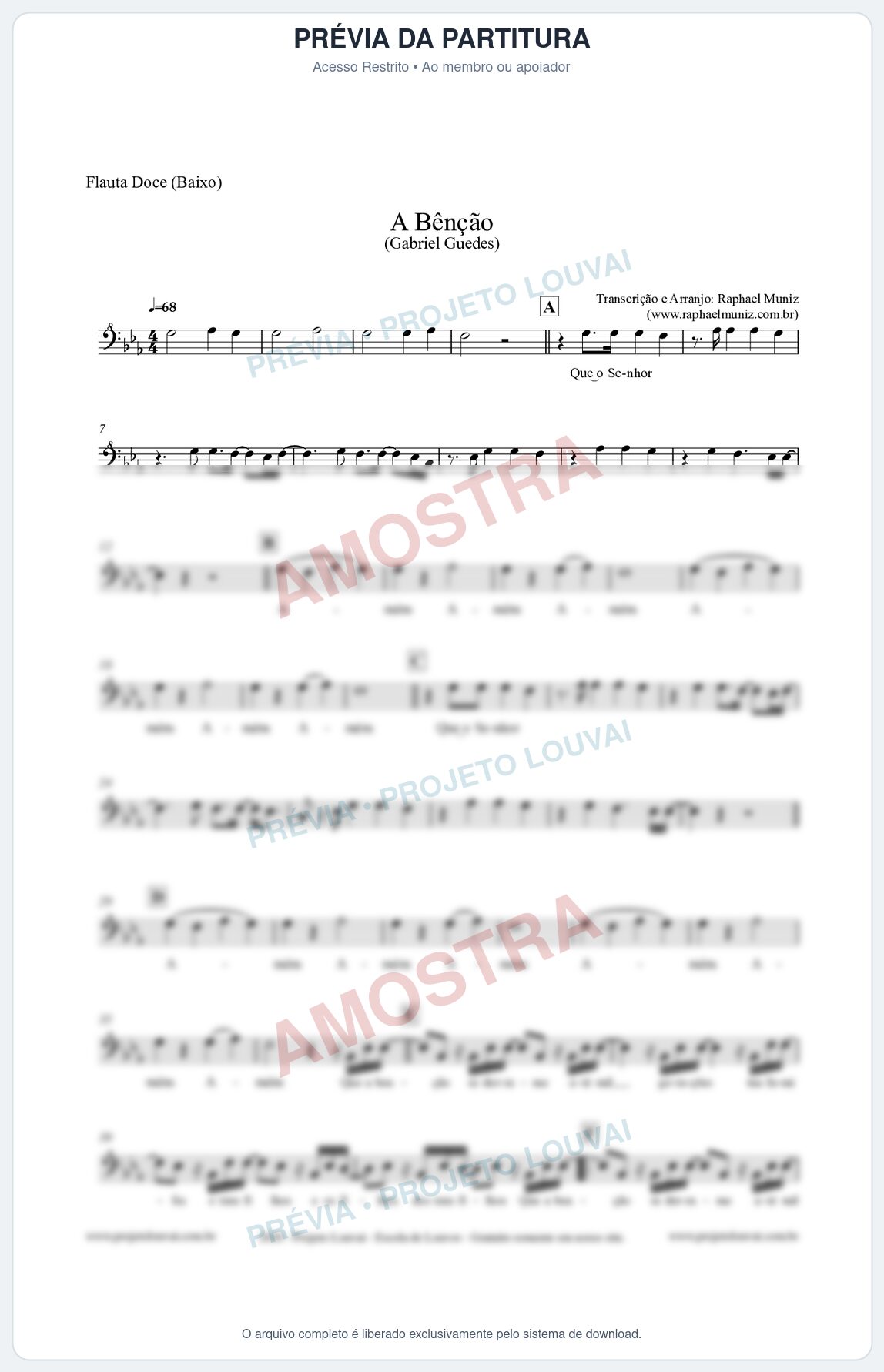 Prévia protegida da primeira página da partitura Partitura para Flauta Doce (Baixo) - A Bênção (Tom Eb) - Gabriel Guedes