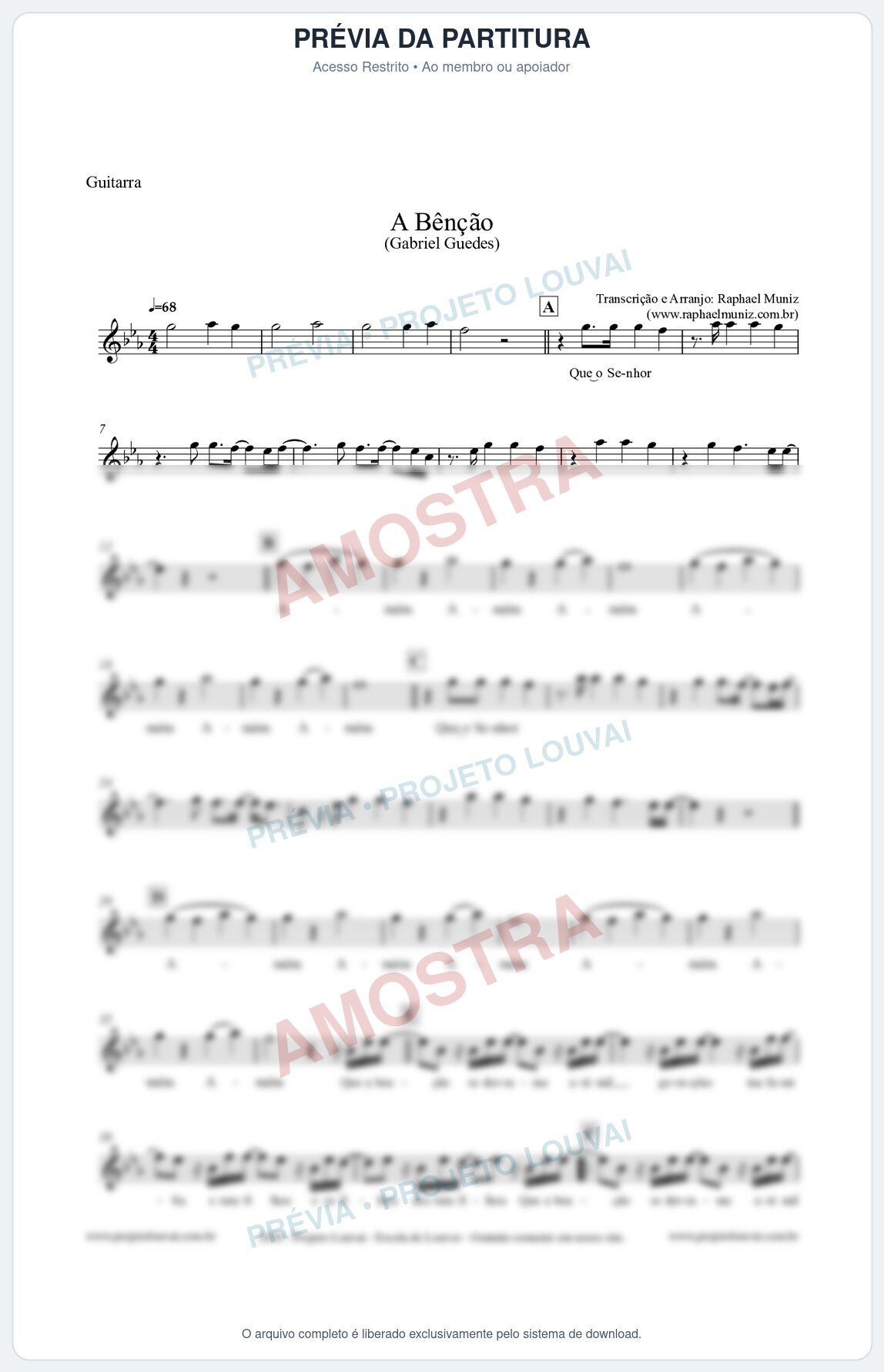 Prévia protegida da primeira página da partitura Partitura para Guitarra - A Bênção (Tom Eb) - Gabriel Guedes