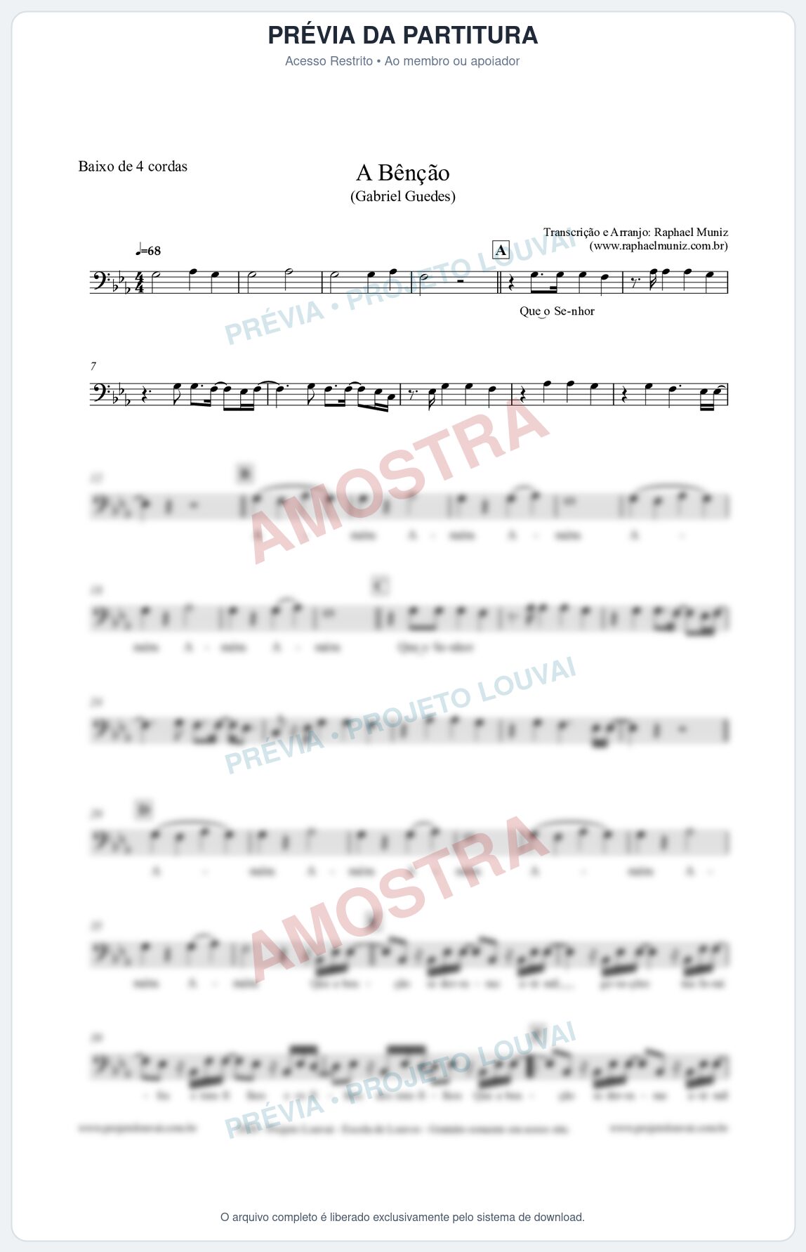 Prévia protegida da primeira página da partitura Partitura para Baixo de 4 cordas - A Bênção (Tom Eb) - Gabriel Guedes