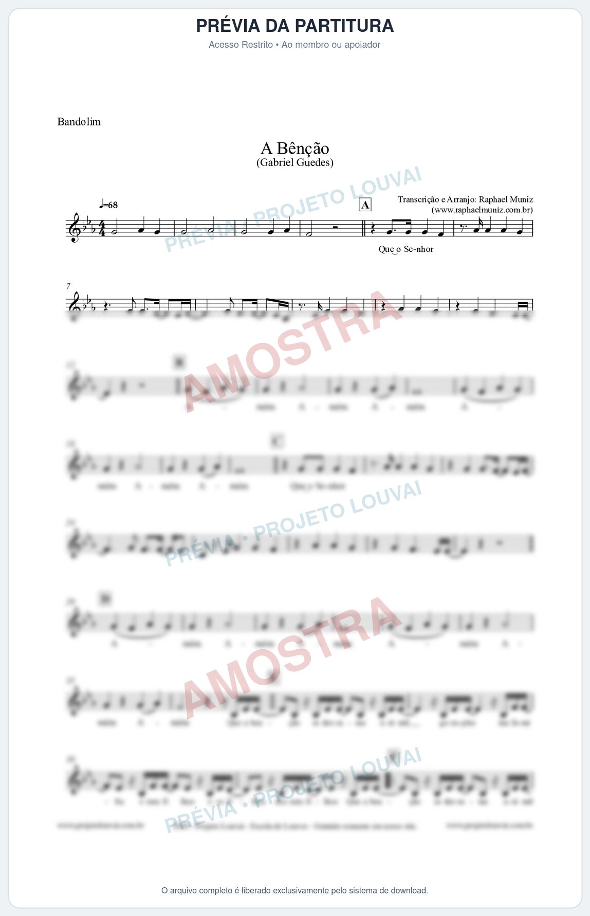 Prévia protegida da primeira página da partitura Partitura para Bandolim - A Bênção (Tom Eb) - Gabriel Guedes