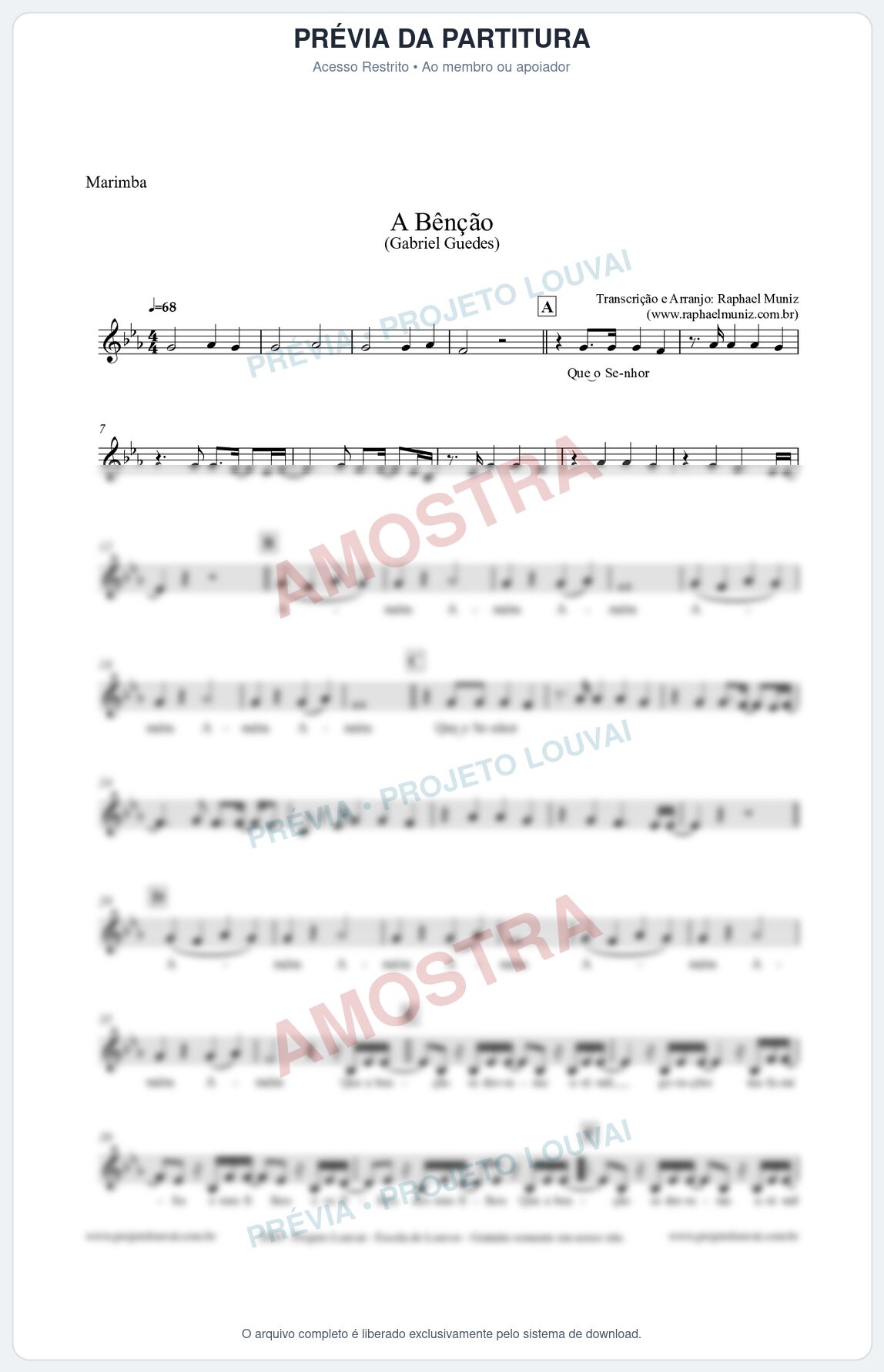 Prévia protegida da primeira página da partitura Partitura para Marimba - A Bênção (Tom Eb) - Gabriel Guedes