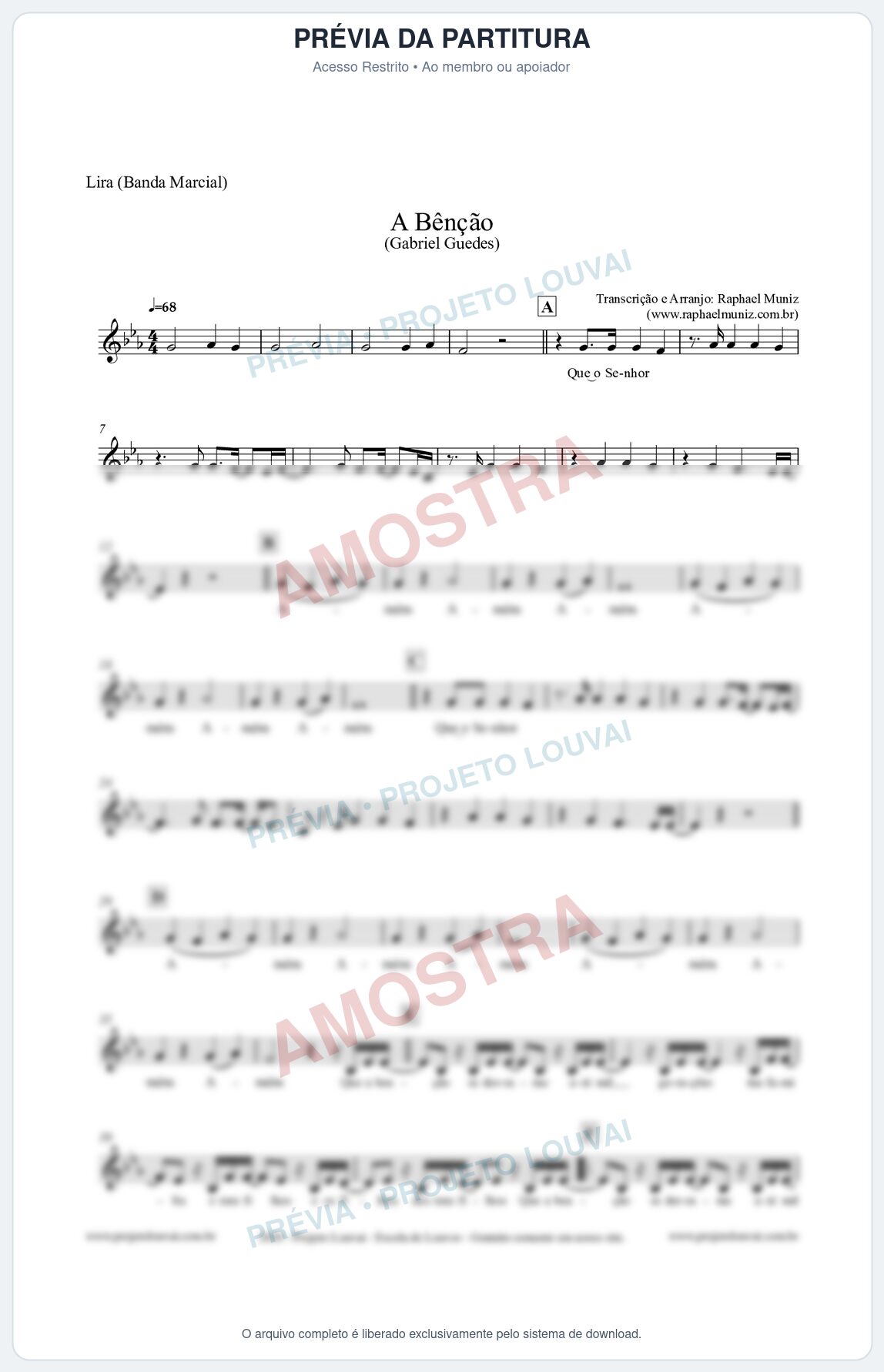 Prévia protegida da primeira página da partitura Partitura para Lira (Banda Marcial) - A Bênção (Tom Eb) - Gabriel Guedes
