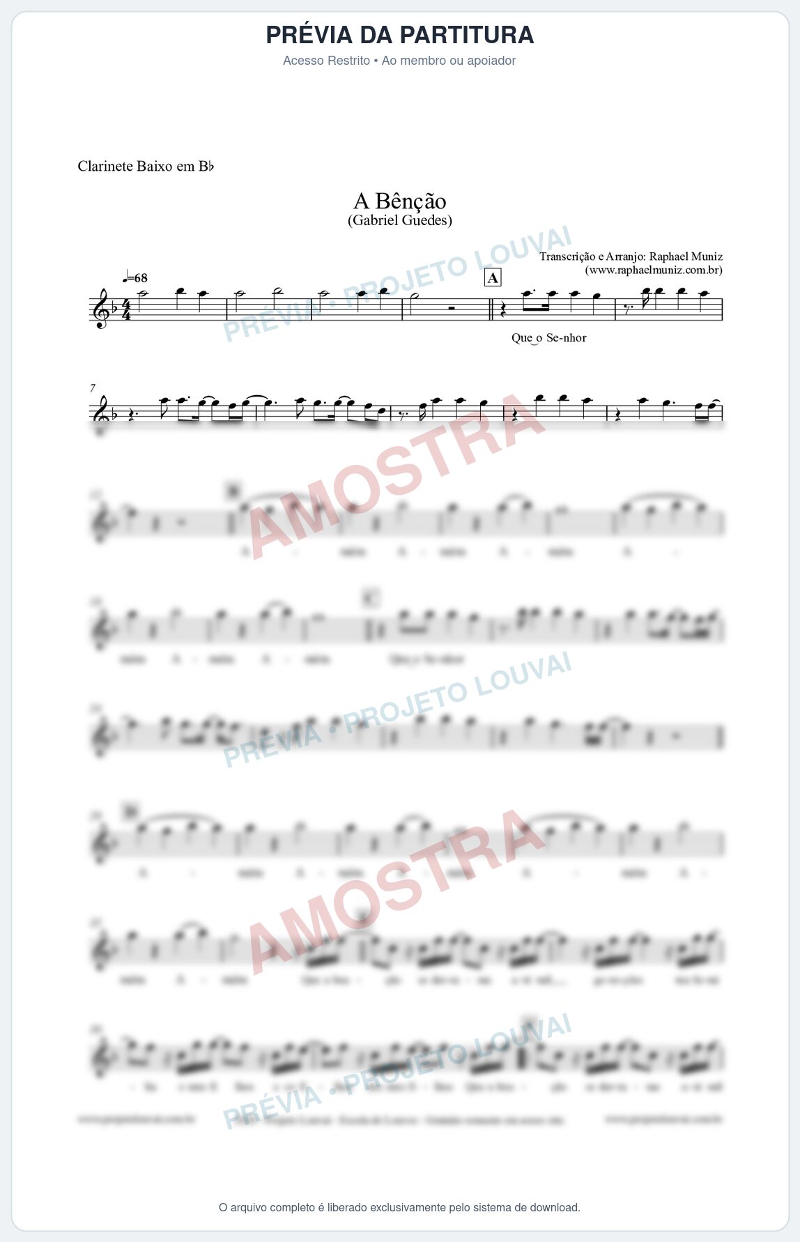 Prévia protegida da primeira página da partitura Partitura para Clarinete Baixo em Bb - A Bênção (Tom Eb) - Gabriel Guedes