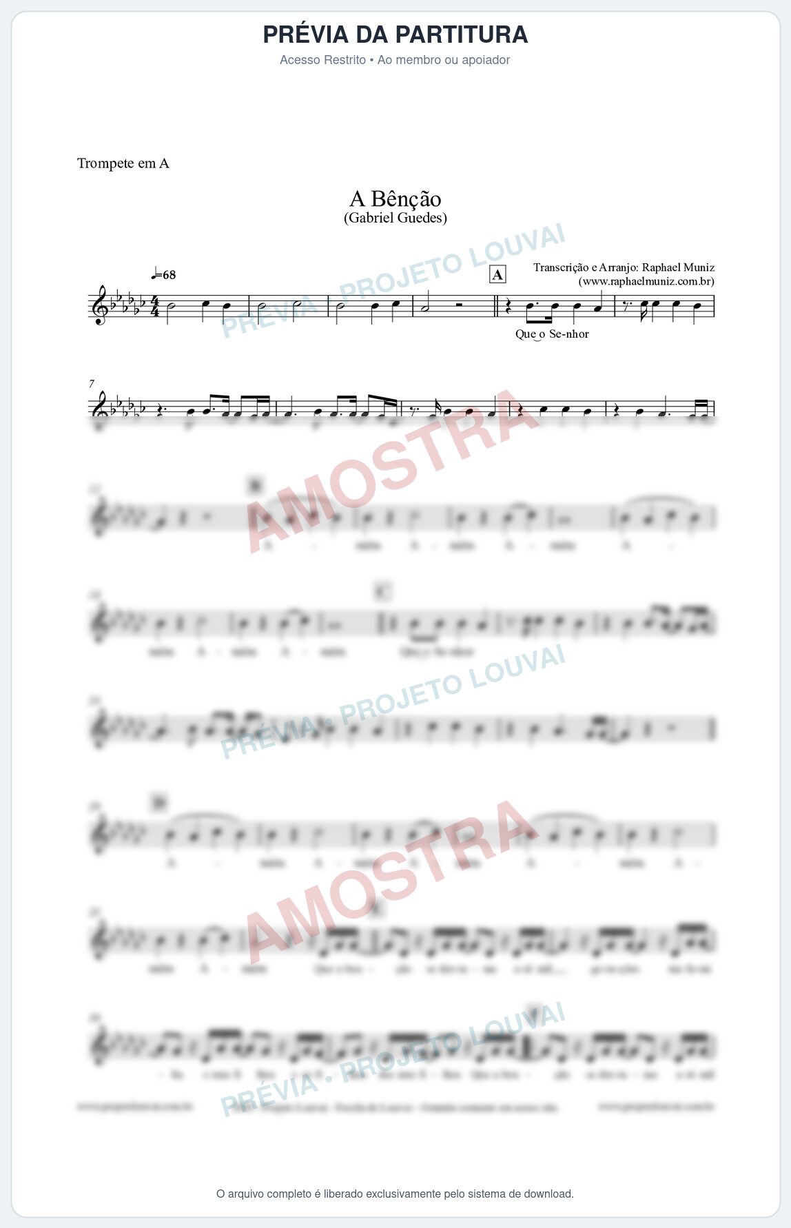 Prévia protegida da primeira página da partitura Partitura para Trompete em A - A Bênção (Tom Eb) - Gabriel Guedes