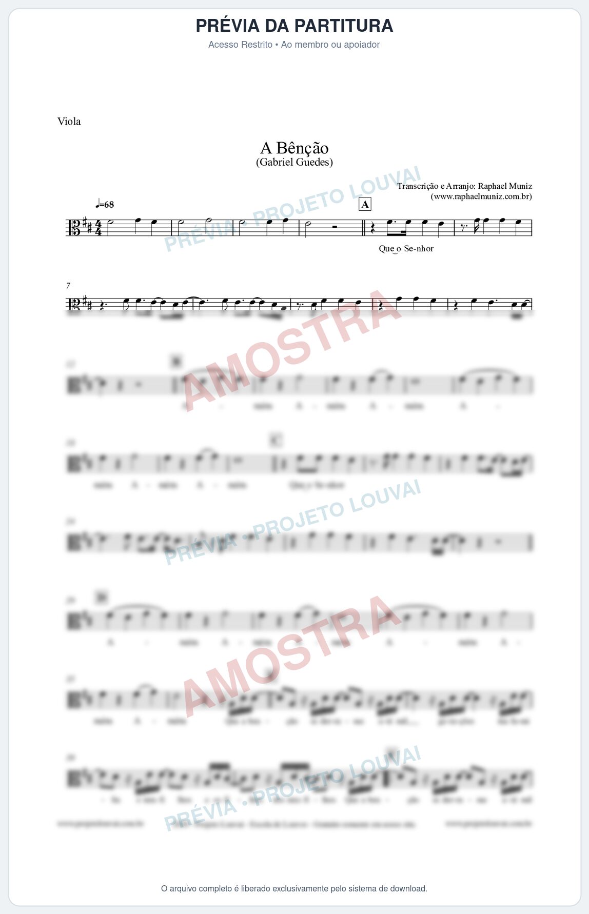Prévia protegida da primeira página da partitura Partitura para Viola - A Bênção (Tom D) - Gabriel Guedes