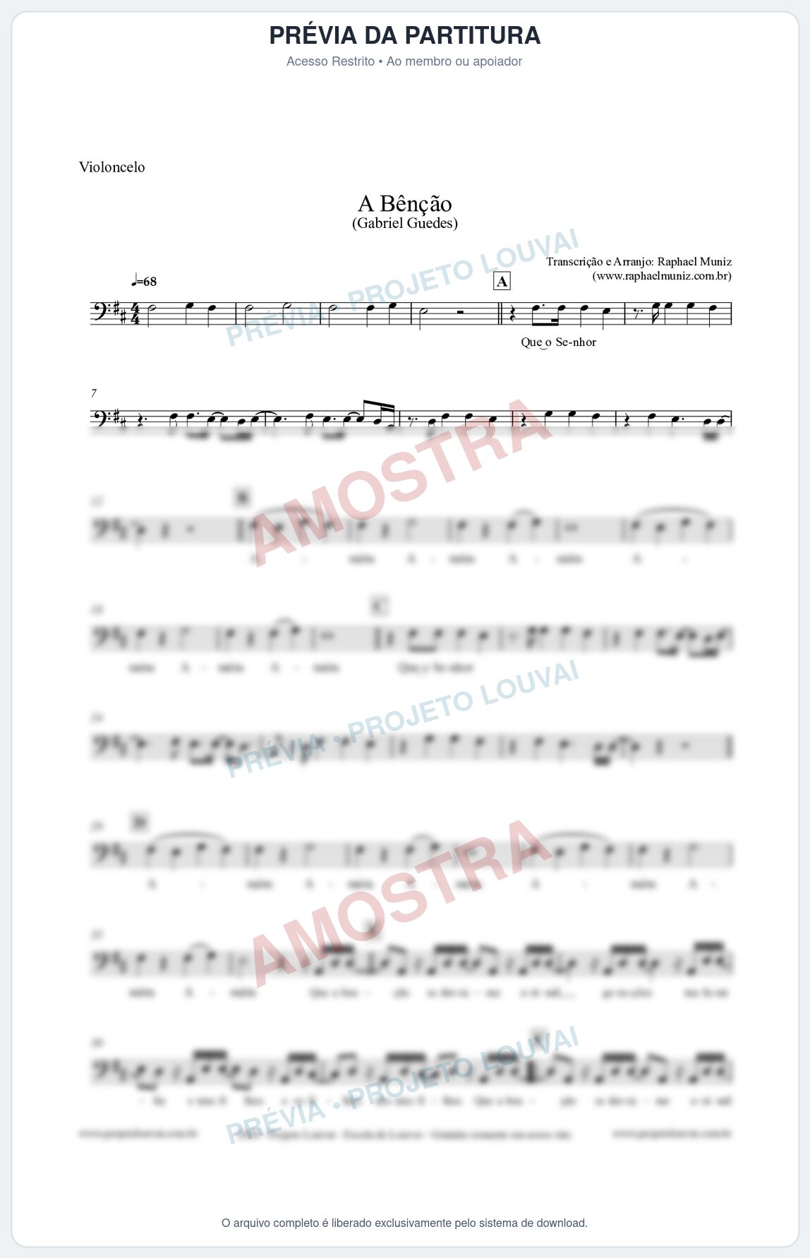 Prévia protegida da primeira página da partitura Partitura para Violoncelo - A Bênção (Tom D) - Gabriel Guedes