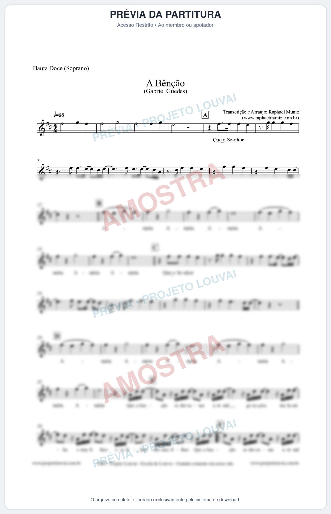 Prévia protegida da primeira página da partitura Partitura para Flauta Doce (Soprano) - A Bênção (Tom D) - Gabriel Guedes