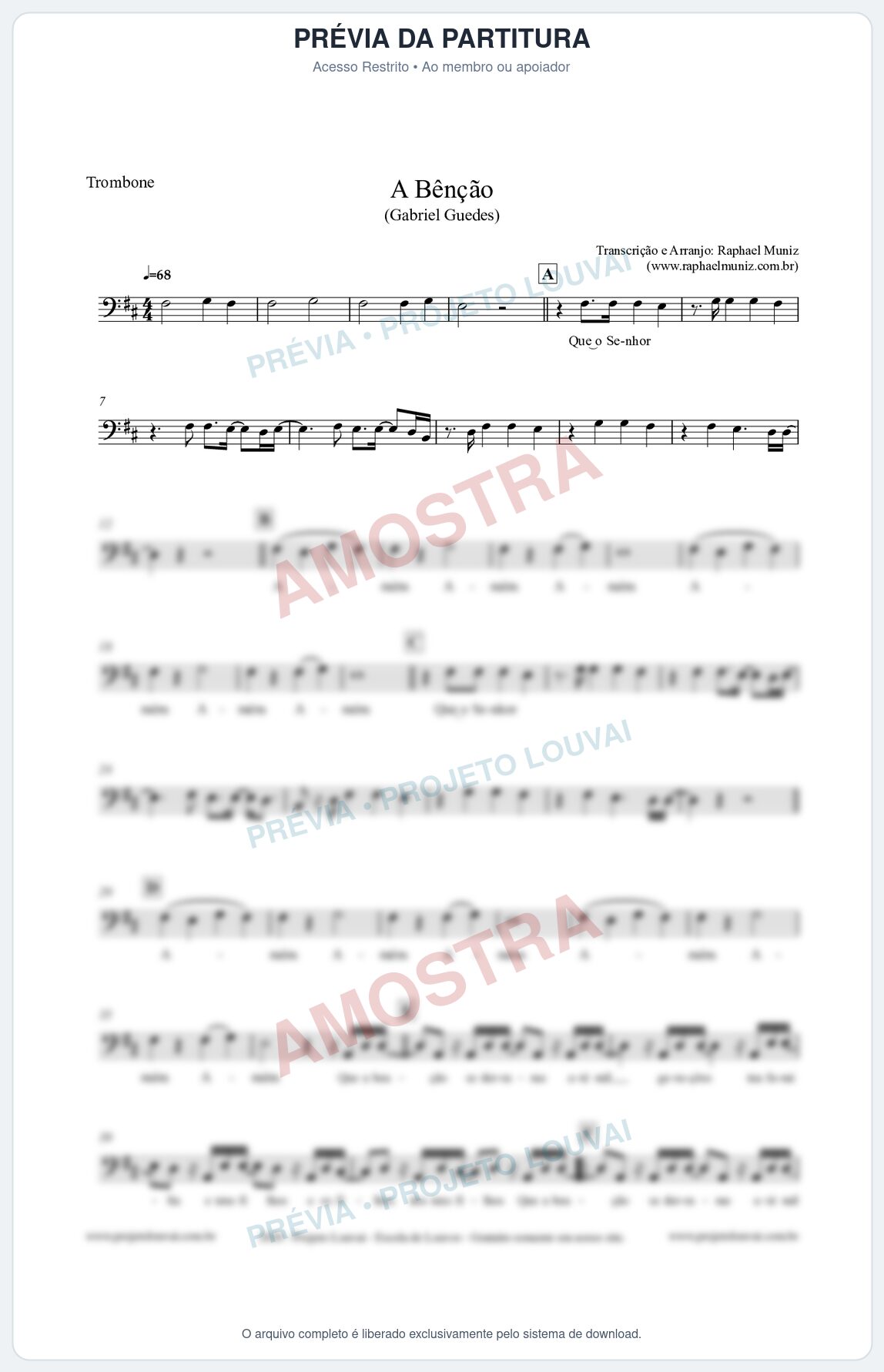 Prévia protegida da primeira página da partitura Partitura para Trombone - A Bênção (Tom D) - Gabriel Guedes