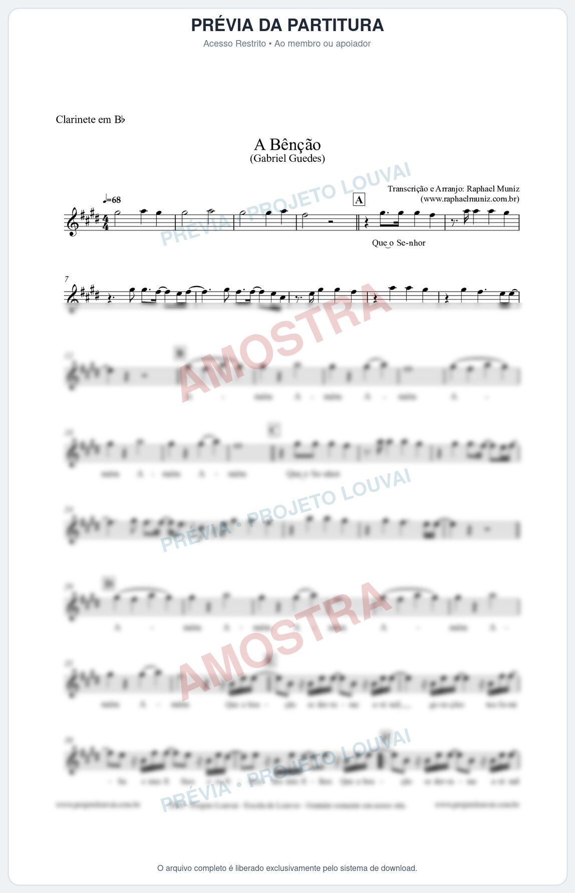 Prévia protegida da primeira página da partitura Partitura para Clarinete em Bb - A Bênção (Tom D) - Gabriel Guedes