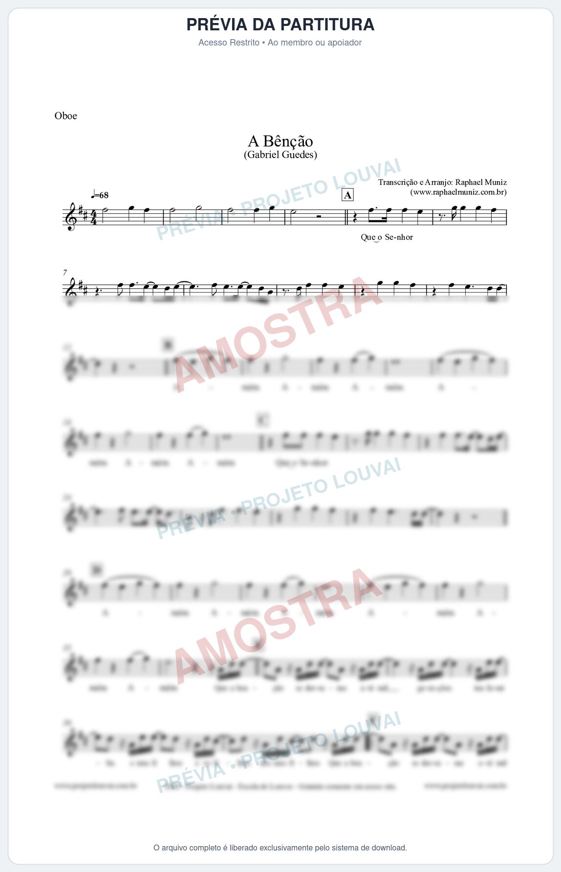 Prévia protegida da primeira página da partitura Partitura para Oboé - A Bênção (Tom D) - Gabriel Guedes