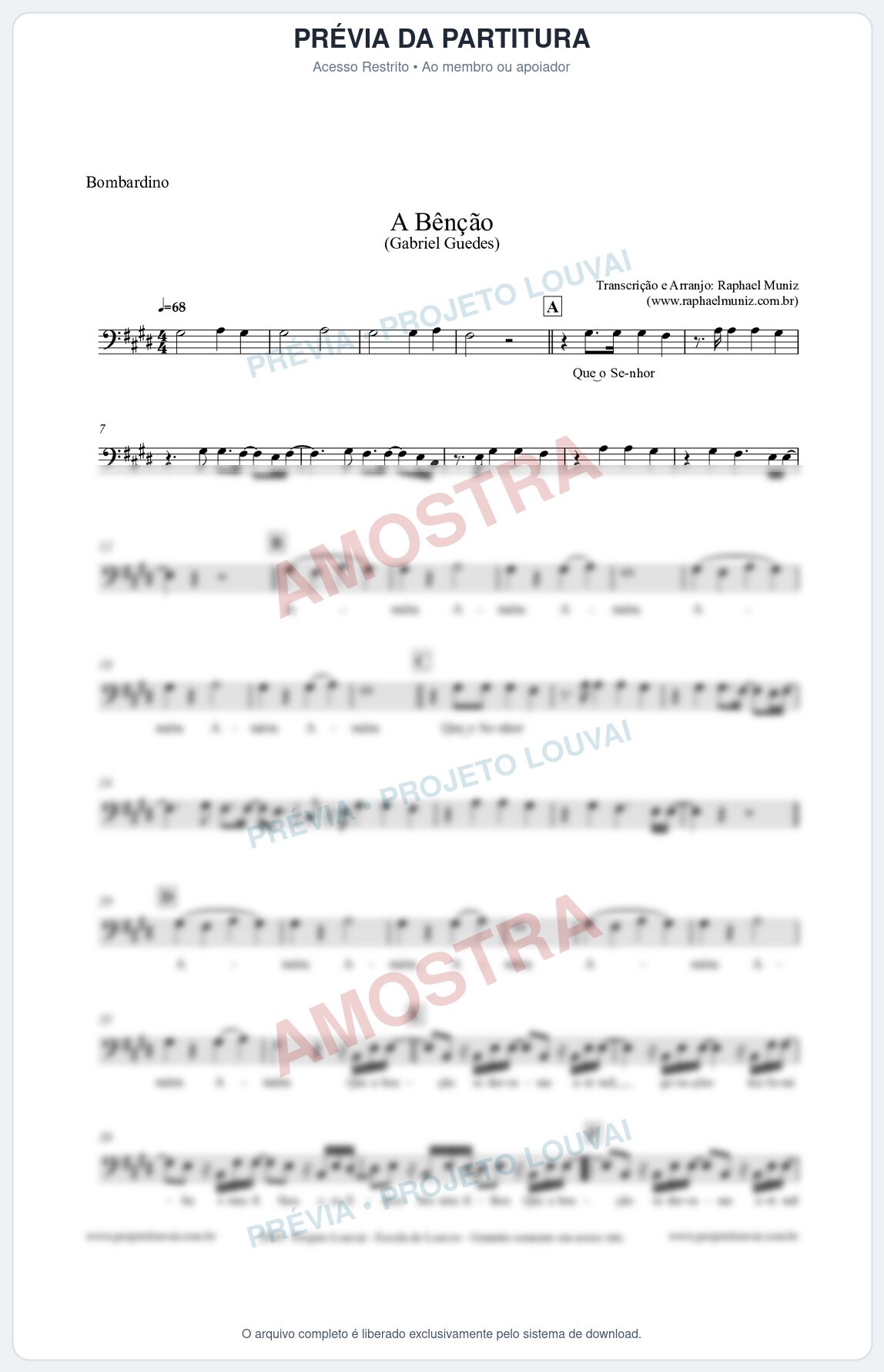 Prévia protegida da primeira página da partitura Partitura para Bombardino - A Bênção (Tom D) - Gabriel Guedes