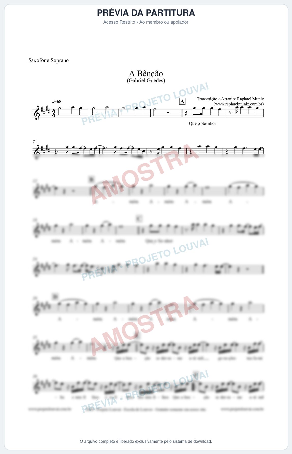 Prévia protegida da primeira página da partitura Partitura para Saxofone Soprano - A Bênção (Tom D) - Gabriel Guedes