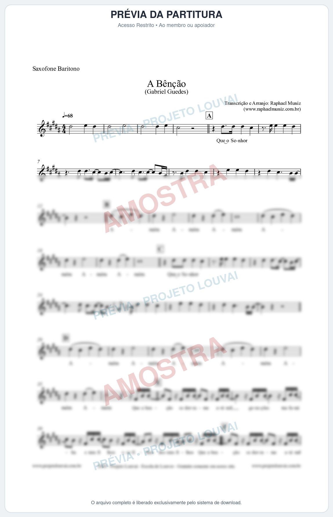 Prévia protegida da primeira página da partitura Partitura para Saxofone Barítono - A Bênção (Tom D) - Gabriel Guedes