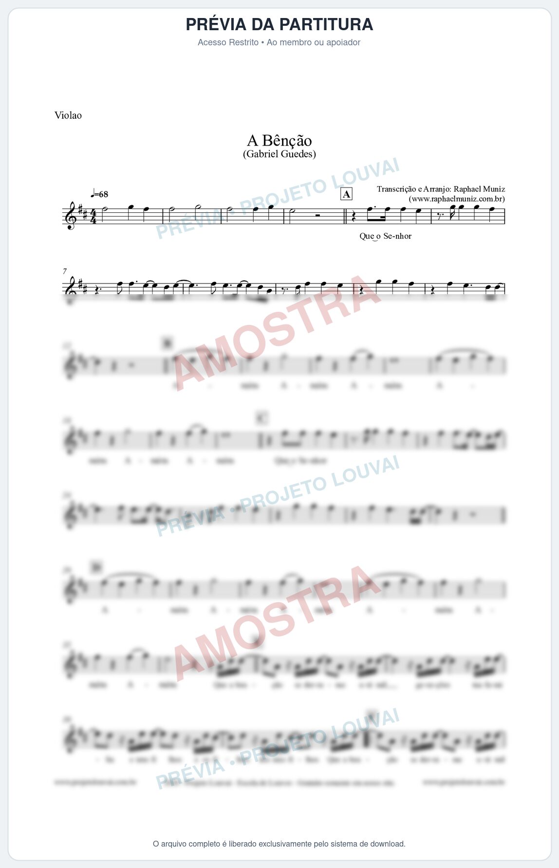 Prévia protegida da primeira página da partitura Partitura para Violão - A Bênção (Tom D) - Gabriel Guedes