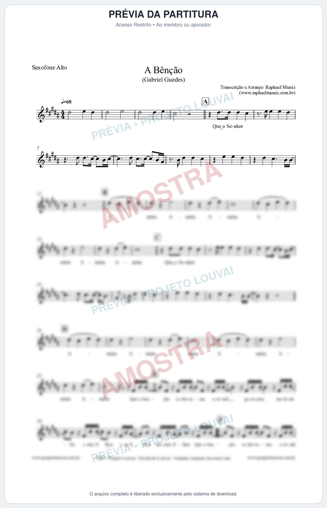 Prévia protegida da primeira página da partitura Partitura para Saxofone Alto - A Bênção (Tom D) - Gabriel Guedes