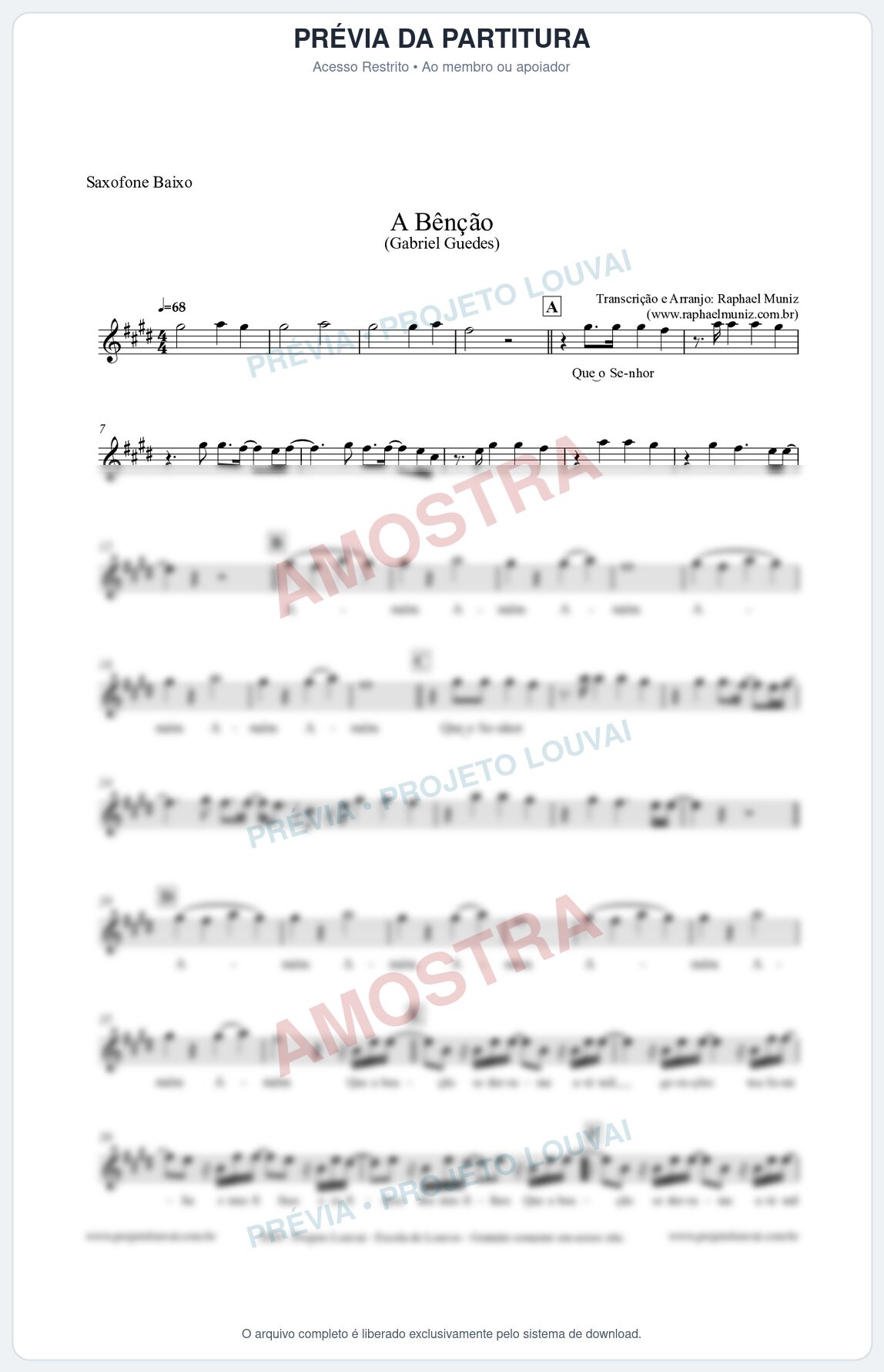 Prévia protegida da primeira página da partitura Partitura para Saxofone Baixo - A Bênção (Tom D) - Gabriel Guedes
