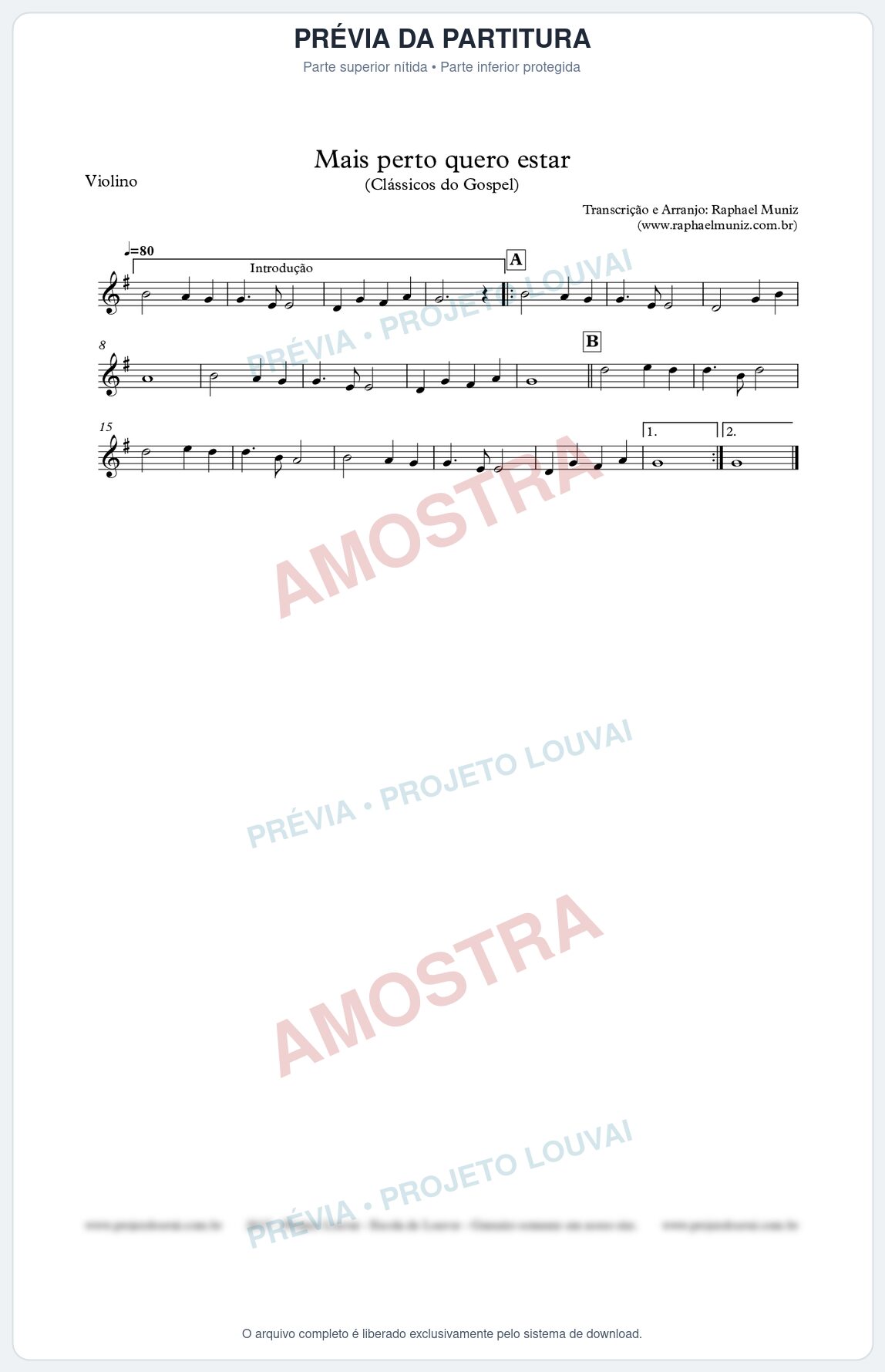 Prévia protegida da primeira página da partitura Partitura para Violino - Mais perto quero estar - Clássicos do Gospel