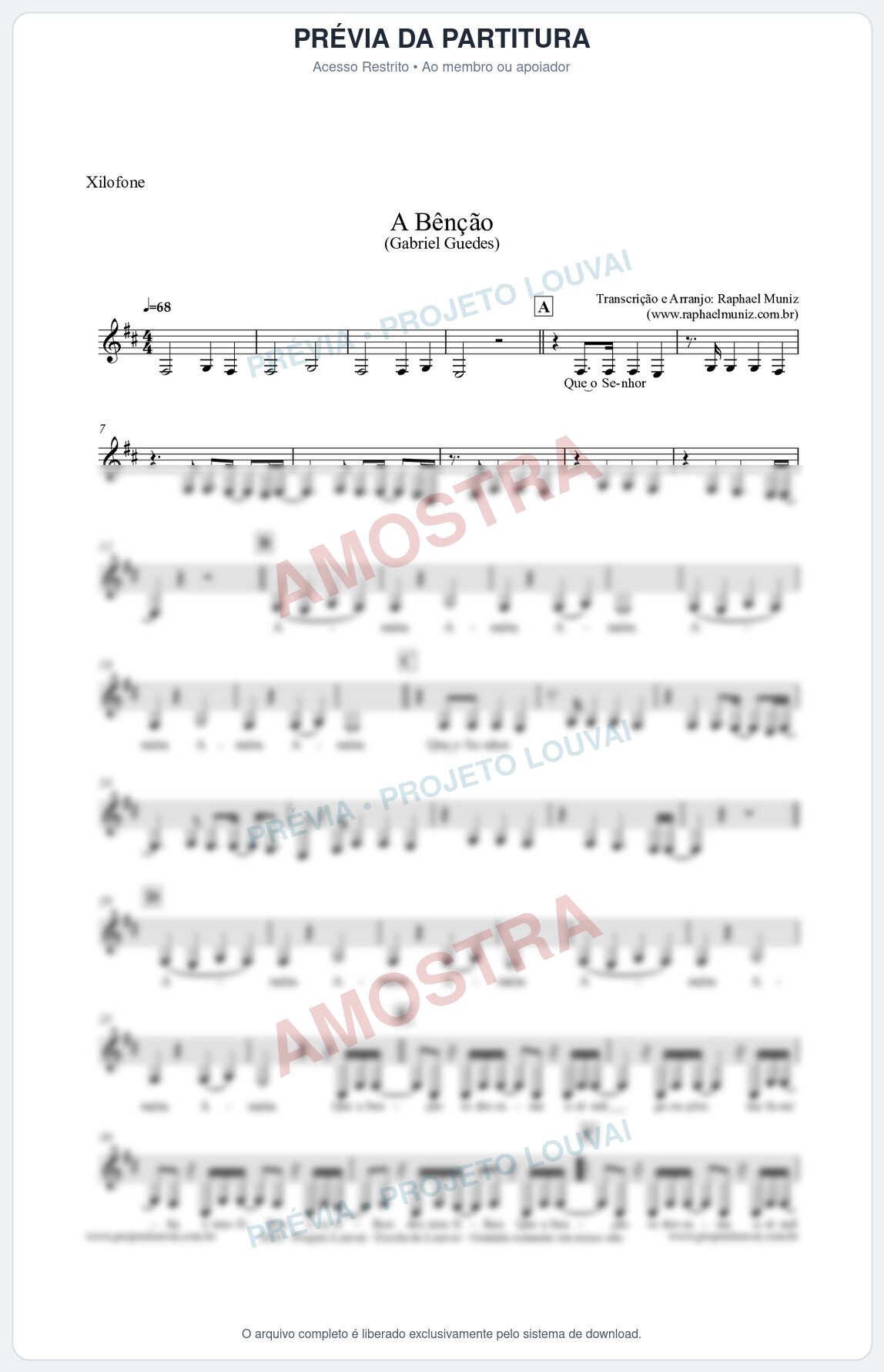 Prévia protegida da primeira página da partitura Partitura para Xilofone - A Bênção (Tom D) - Gabriel Guedes