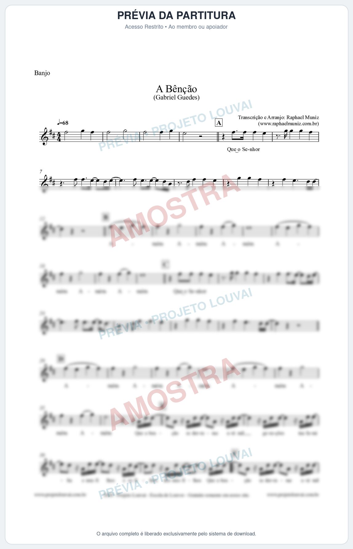 Prévia protegida da primeira página da partitura Partitura para Banjo - A Bênção (Tom D) - Gabriel Guedes