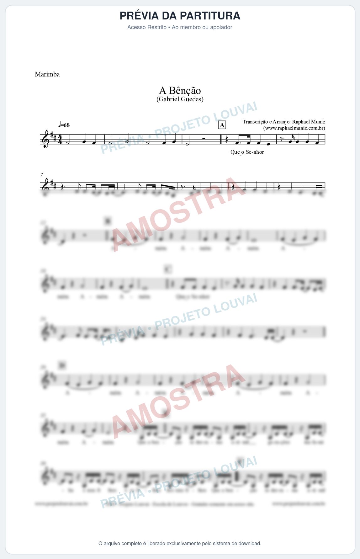 Prévia protegida da primeira página da partitura Partitura para Marimba - A Bênção (Tom D) - Gabriel Guedes