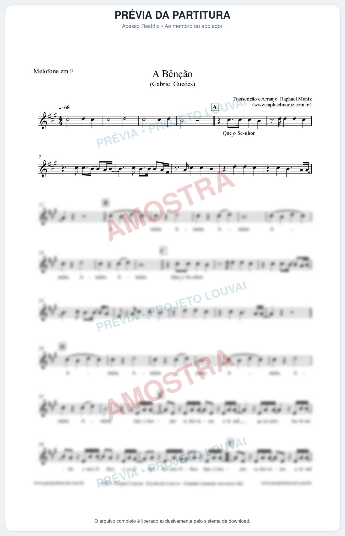 Prévia protegida da primeira página da partitura Partitura para Melofone em F - A Bênção (Tom D) - Gabriel Guedes