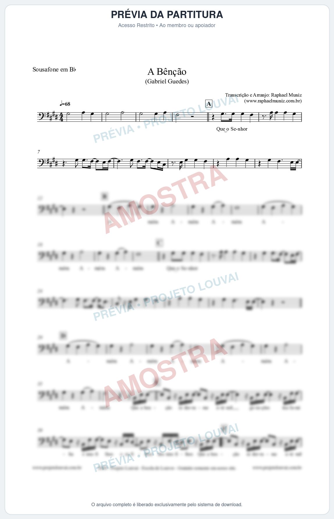 Prévia protegida da primeira página da partitura Partitura para Sousafone em Bb - A Bênção (Tom D) - Gabriel Guedes