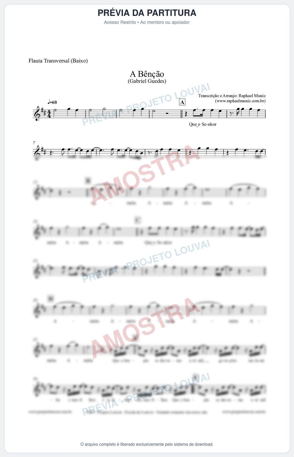 Prévia protegida da primeira página da partitura Partitura para Flauta Transversal (Baixo) - A Bênção (Tom D) - Gabriel Guedes