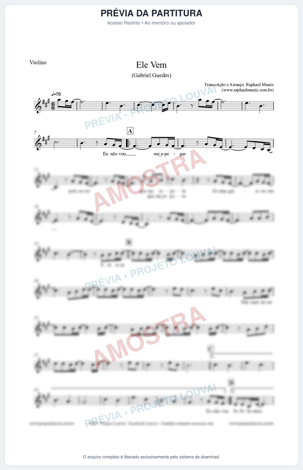 Prévia protegida da primeira página da partitura Partitura para Violino - Ele Vem (Tom A) - Gabriel Guedes
